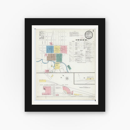 Old map wall art mockup — black gallery frame with white mat — Sanborn Fire Insurance Map from Kenton, Hardin County, Ohio (1892), Sheet #0001