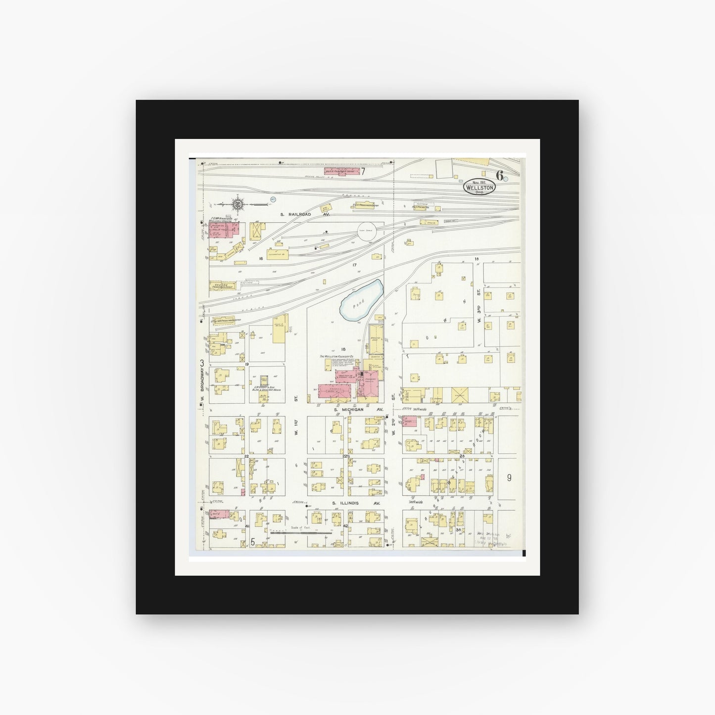 Old map wall art mockup — black gallery frame with white mat — Sanborn Fire Insurance Map from Wellston, Jackson County, Ohio (1911), Sheet #0006