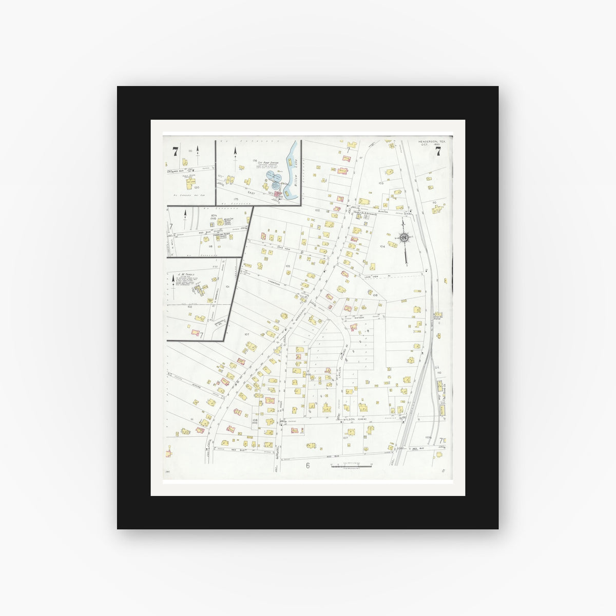 Old map wall art mockup — black gallery frame with white mat — Sanborn Fire Insurance Map from Henderson, Rusk County, Texas (1933), Sheet #0007