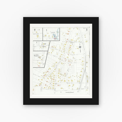 Old map wall art mockup — black gallery frame with white mat — Sanborn Fire Insurance Map from Henderson, Rusk County, Texas (1933), Sheet #0007