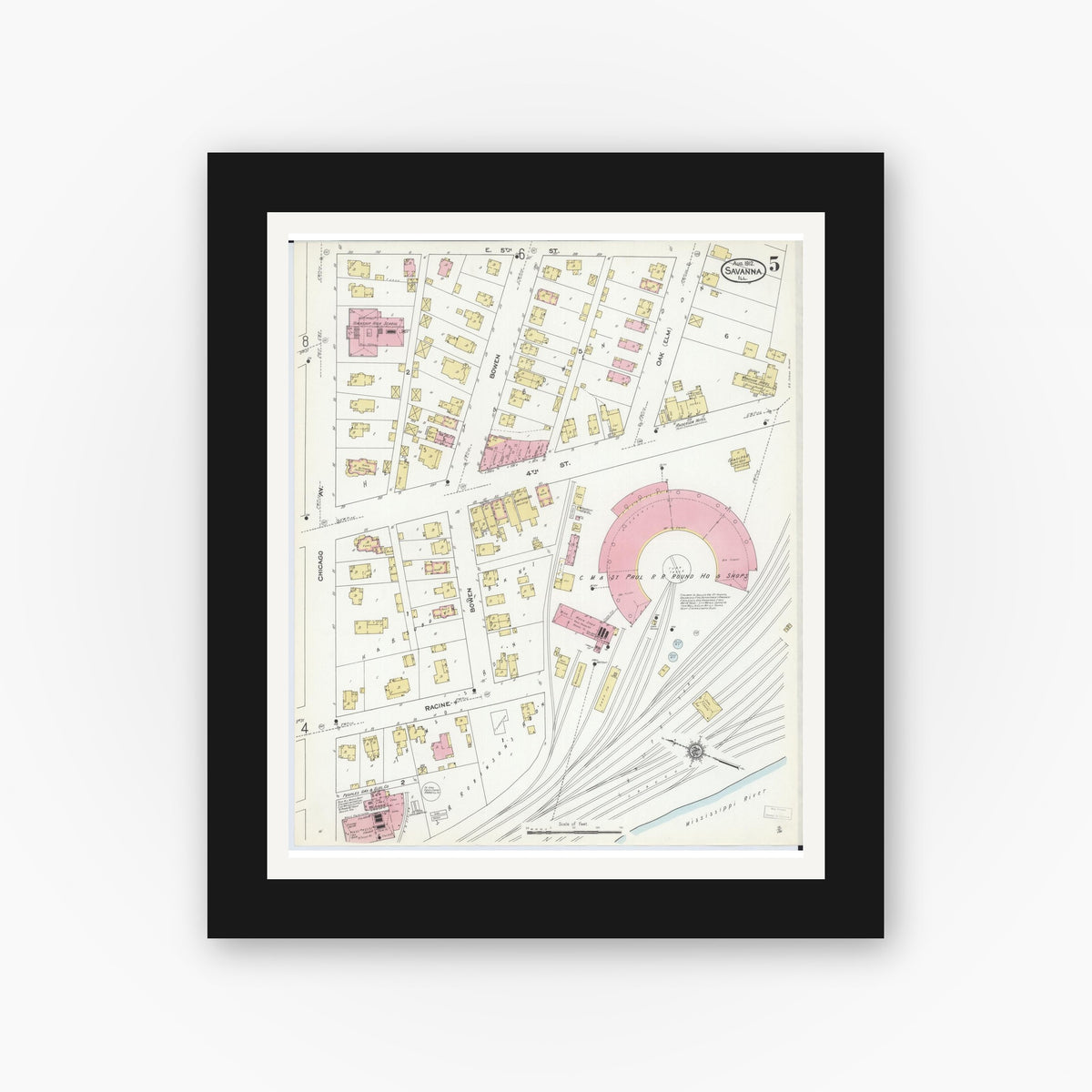 Old map wall art mockup — black gallery frame with white mat — Sanborn Fire Insurance Map from Savanna, Carroll County, Illinois (1912), Sheet #0005