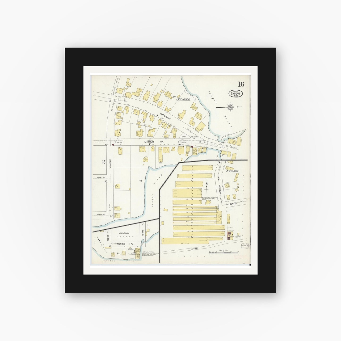 Old map wall art mockup — black gallery frame with white mat — Sanborn Fire Insurance Map from Saugus, Essex County, Massachusetts (1913), Sheet #0016