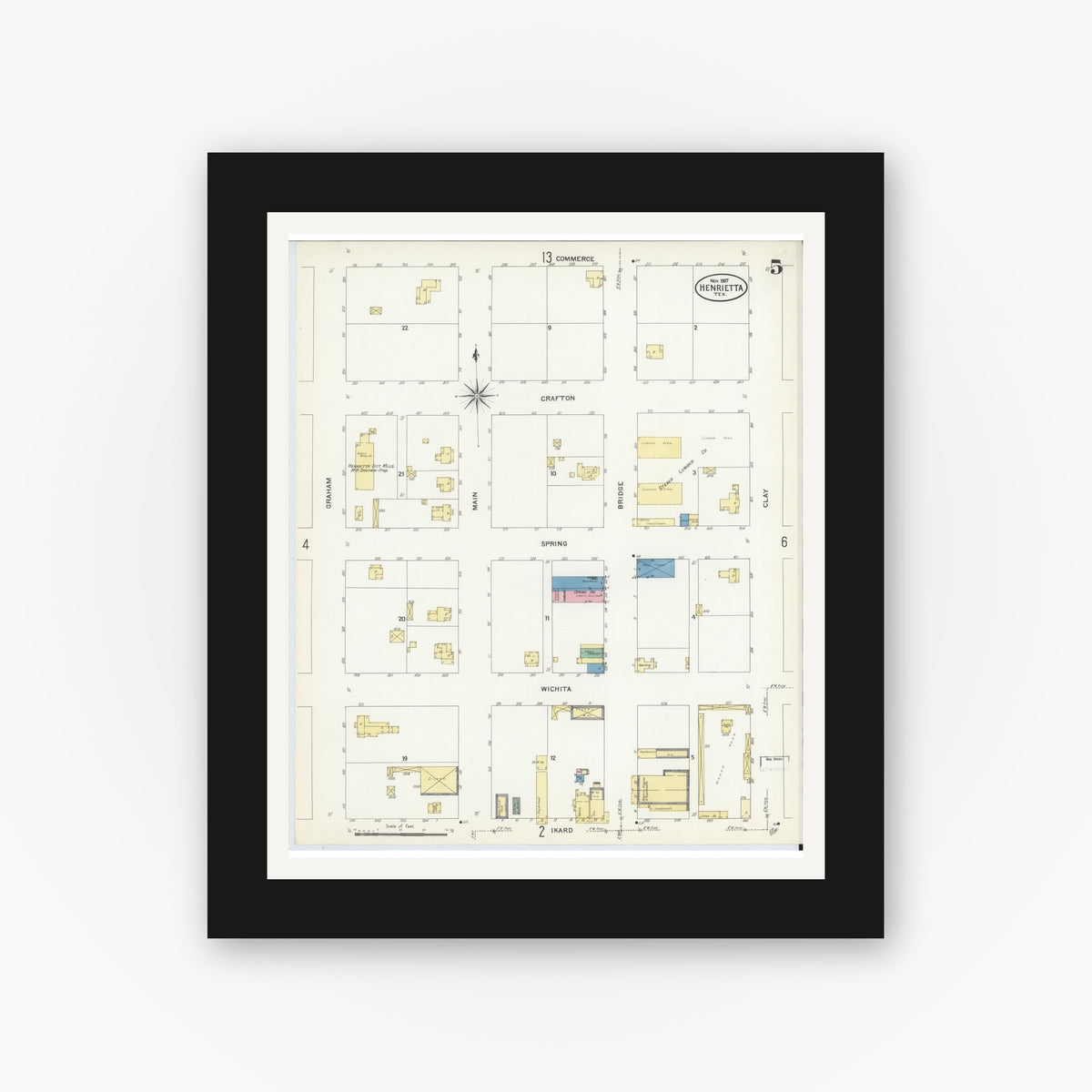 Old map wall art mockup — black gallery frame with white mat — Sanborn Fire Insurance Map from Henrietta, Clay County, Texas (1907), Sheet #0005