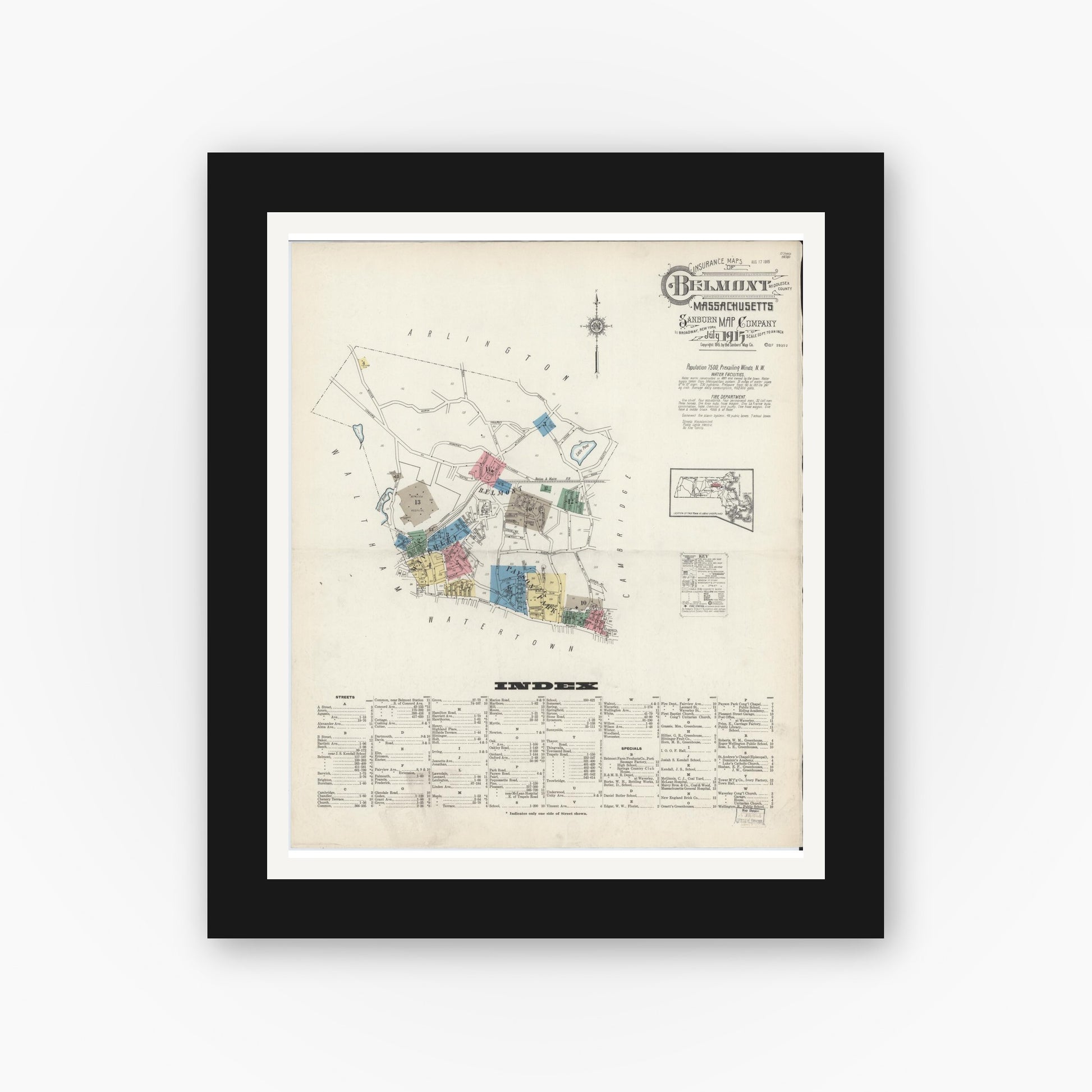 Old map wall art mockup — black gallery frame with white mat — Sanborn Fire Insurance Map from Belmont, Middlesex County, Massachusetts (1915) - Complete Map Set