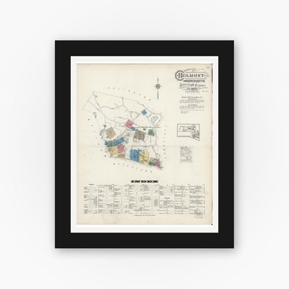 Old map wall art mockup — black gallery frame with white mat — Sanborn Fire Insurance Map from Belmont, Middlesex County, Massachusetts (1915) - Complete Map Set
