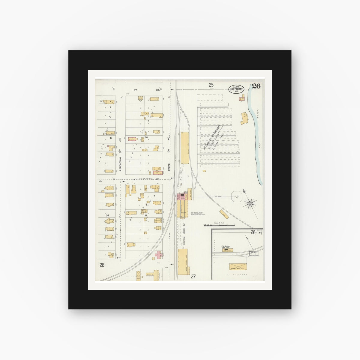 Old map wall art mockup — black gallery frame with white mat — Sanborn Fire Insurance Map from Green Bay, Brown County, Wisconsin (1900), Sheet #0026