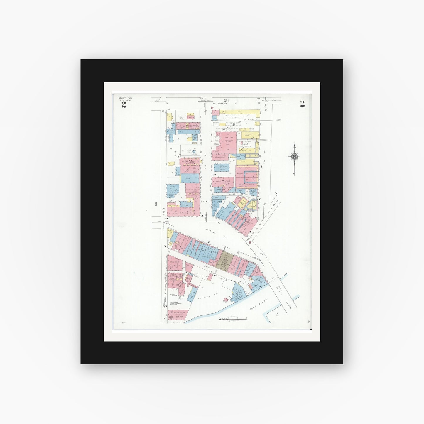 Old map wall art mockup — black gallery frame with white mat — Sanborn Fire Insurance Map from Beloit, Rock County, Wisconsin (1939) - Complete Map Set