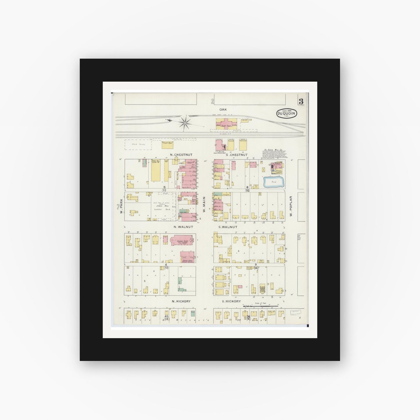 Old map wall art mockup — black gallery frame with white mat — Sanborn Fire Insurance Map from Du Quoin, Perry County, Illinois (1894), Sheet #0003