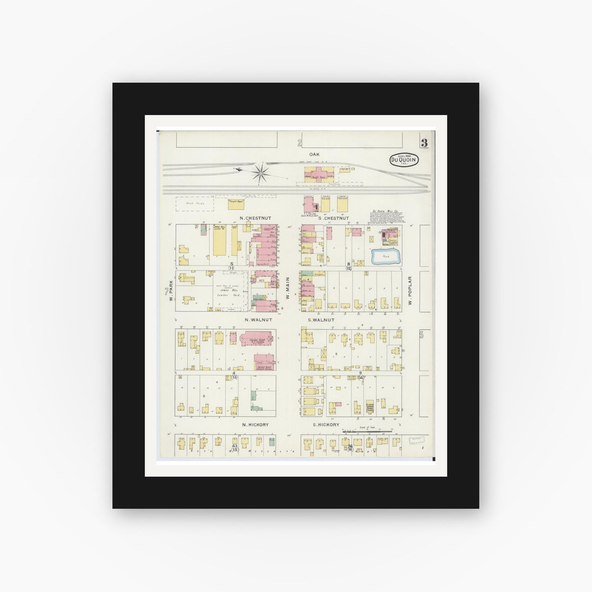 Old map wall art mockup — black gallery frame with white mat — Sanborn Fire Insurance Map from Du Quoin, Perry County, Illinois (1894), Sheet #0003