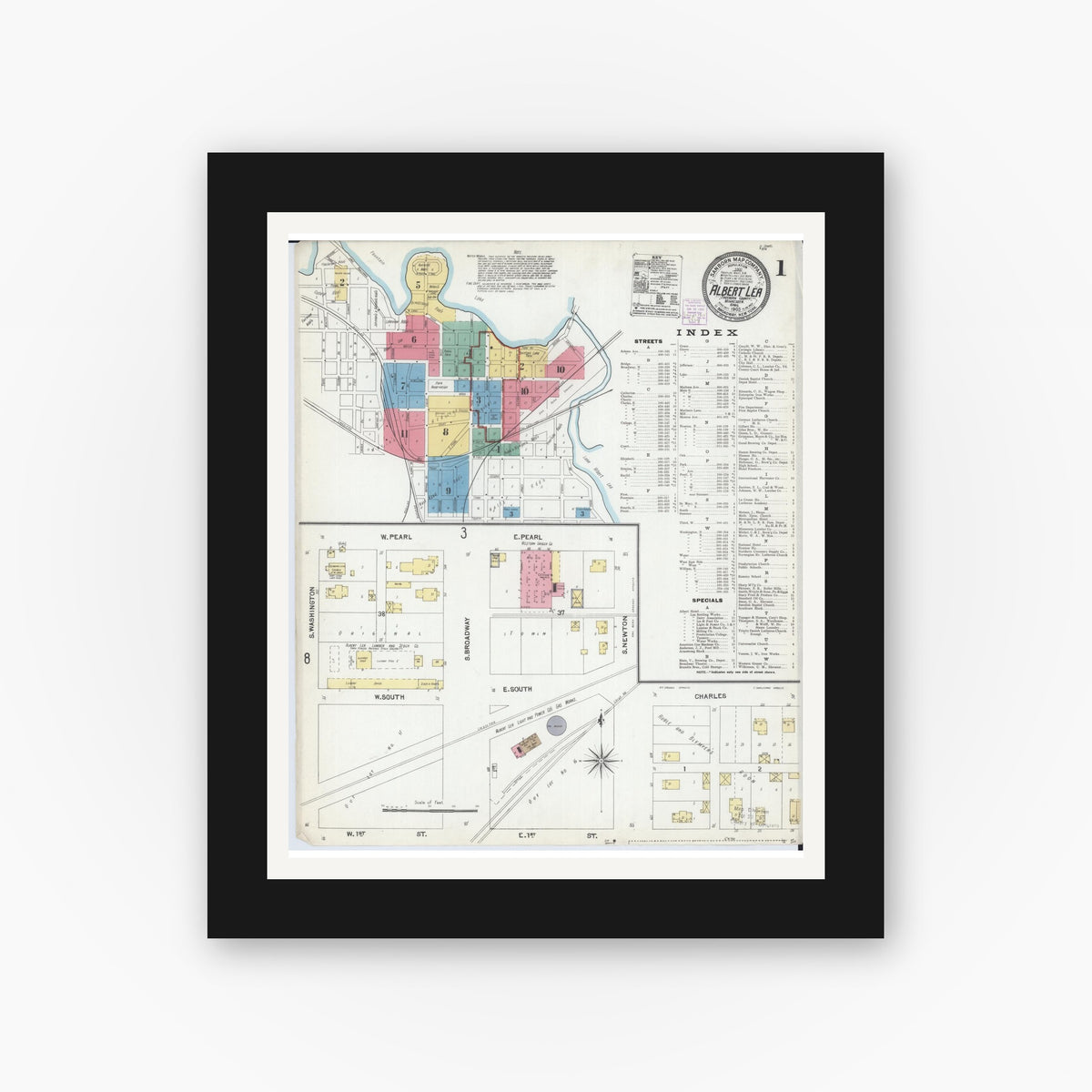 Old map wall art mockup — black gallery frame with white mat — Sanborn Fire Insurance Map from Albert Lea, Freeborn County, Minnesota (1905) - Complete Map Set