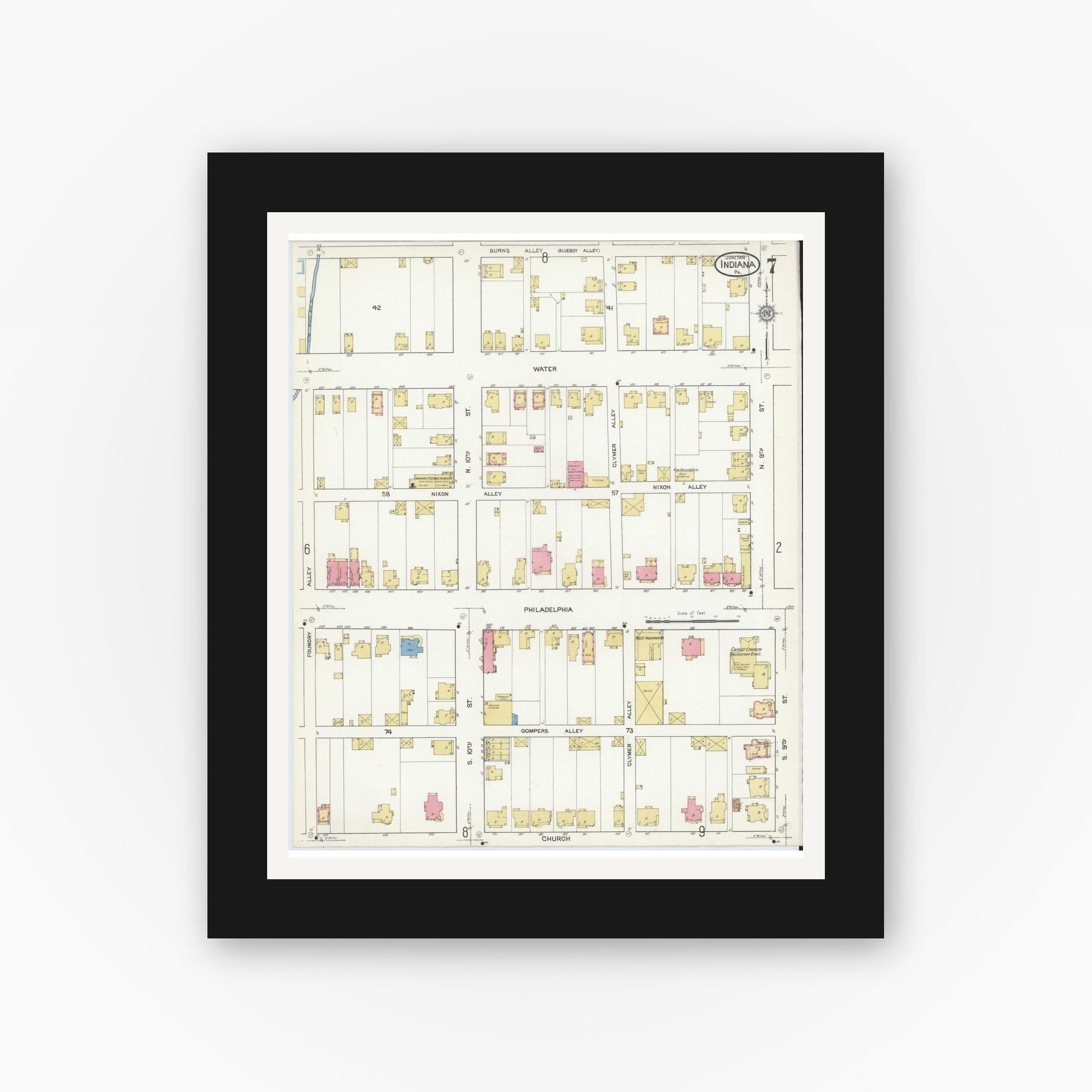 Old map wall art mockup — black gallery frame with white mat — Sanborn Fire Insurance Map from Indiana, Indiana County, Pennsylvania (1916), Sheet #0007