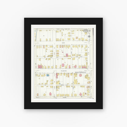 Old map wall art mockup — black gallery frame with white mat — Sanborn Fire Insurance Map from Indiana, Indiana County, Pennsylvania (1916), Sheet #0007