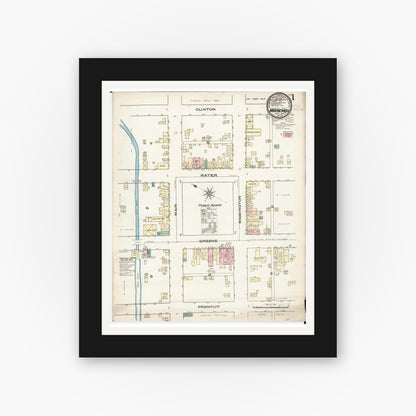 Old map wall art mockup — black gallery frame with white mat — Sanborn Fire Insurance Map from Marengo, Iowa County, Iowa (1885) â€” Complete Set