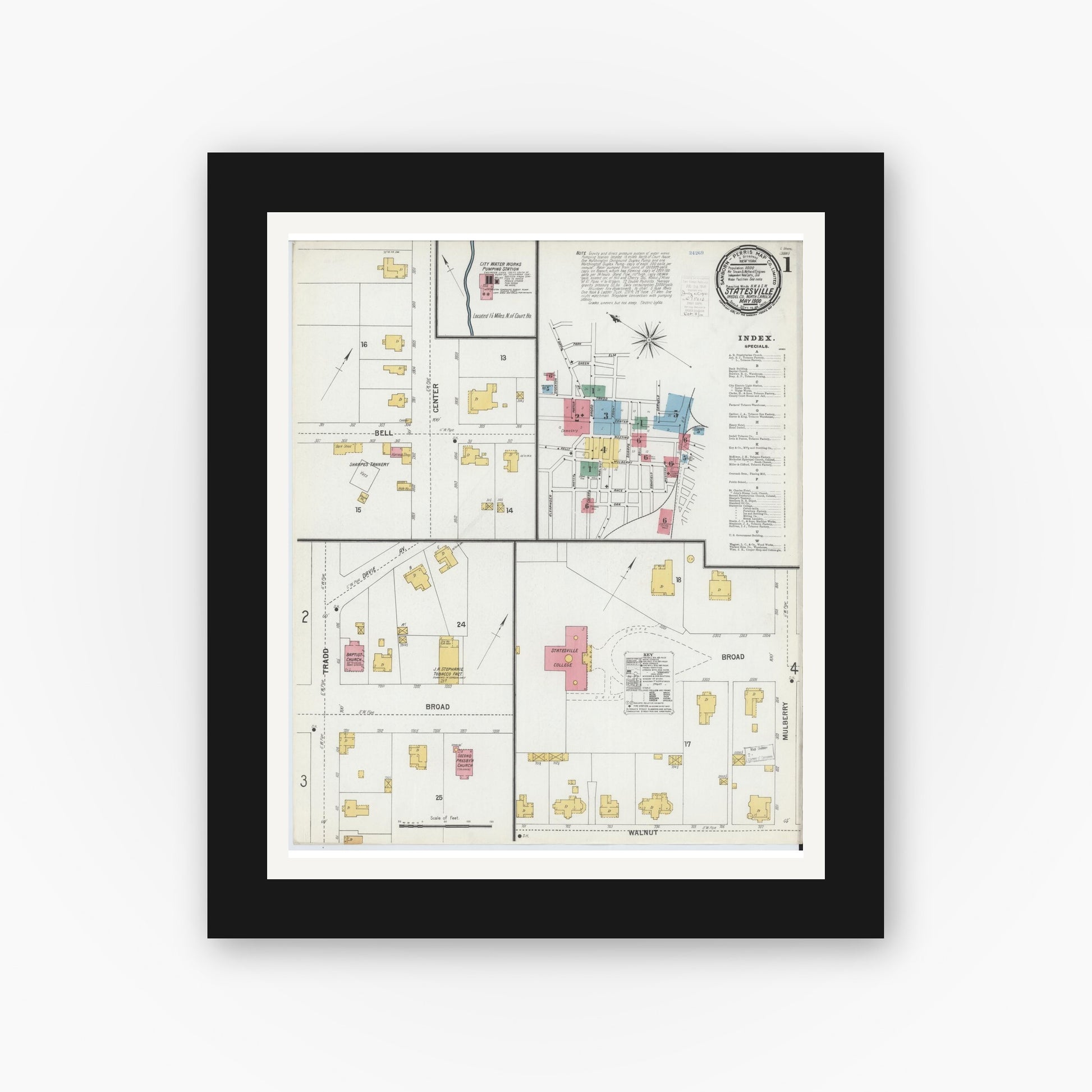 Old map wall art mockup — black gallery frame with white mat — Sanborn Fire Insurance Map from Statesville, Iredell County, North Carolina (1900), Sheet #0001