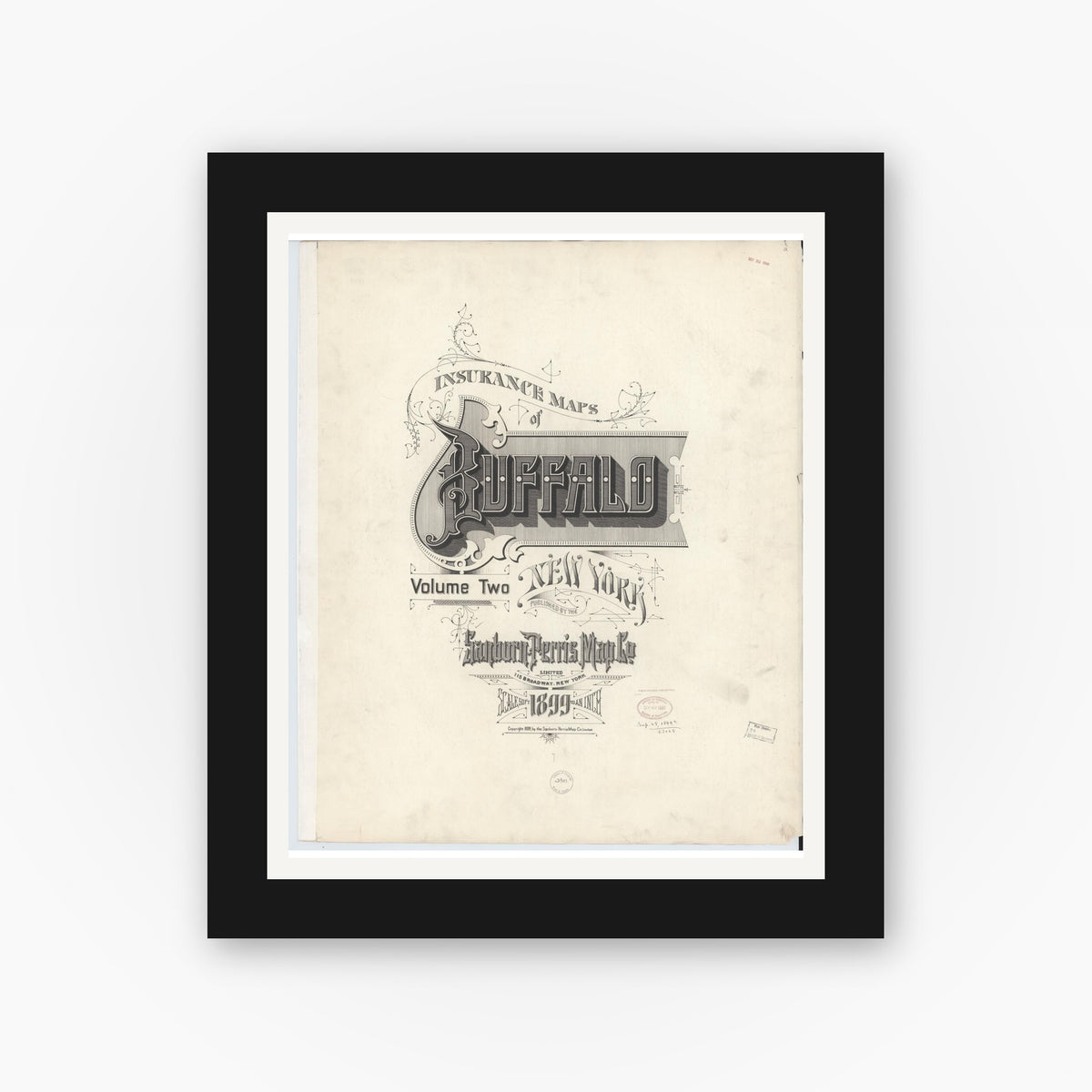 Old map wall art mockup — black gallery frame with white mat — Sanborn Fire Insurance Map from Buffalo, Erie County, New York (1899), Sheet #0001
