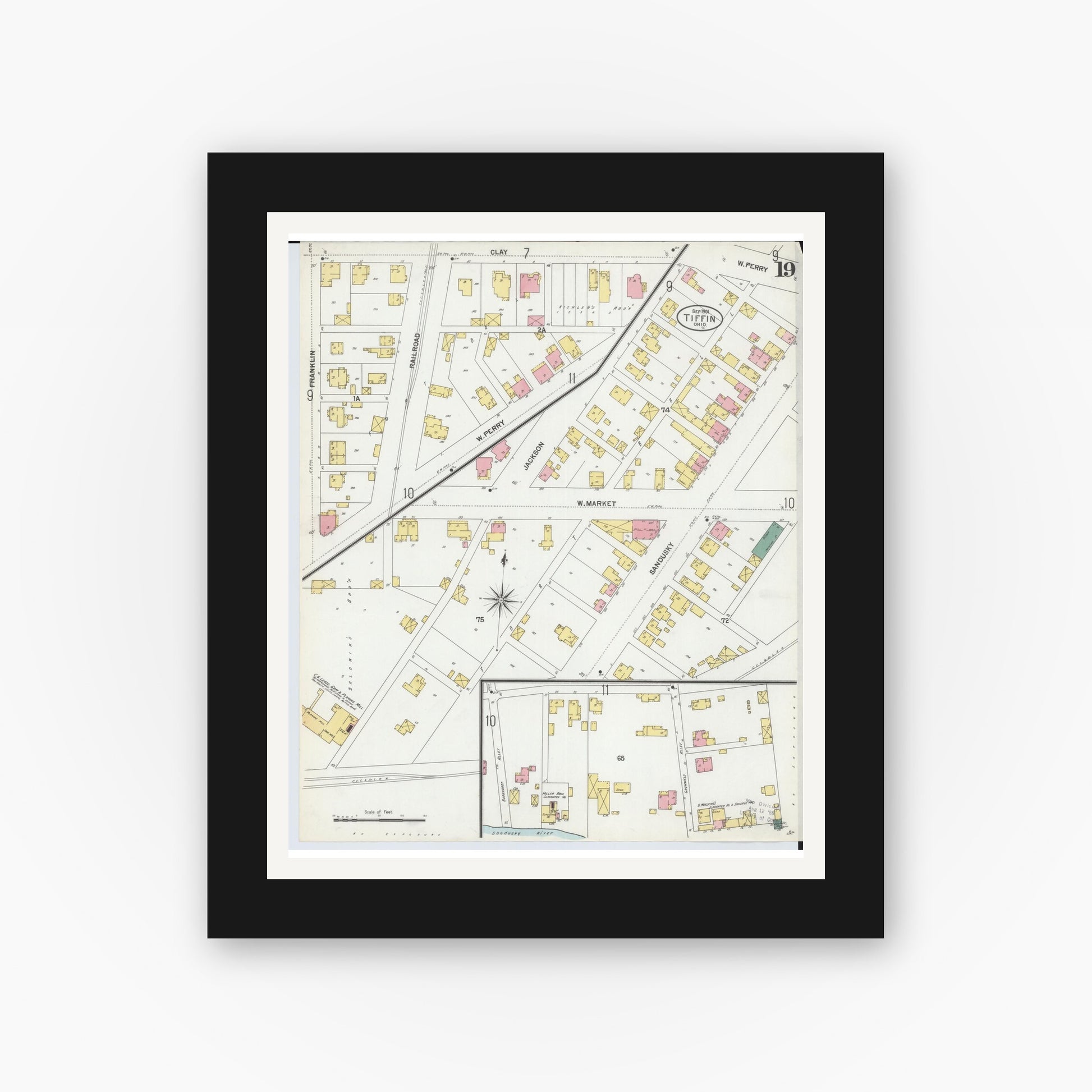 Old map wall art mockup — black gallery frame with white mat — Sanborn Fire Insurance Map from Tiffin, Seneca County, Ohio (1901), Sheet #0019