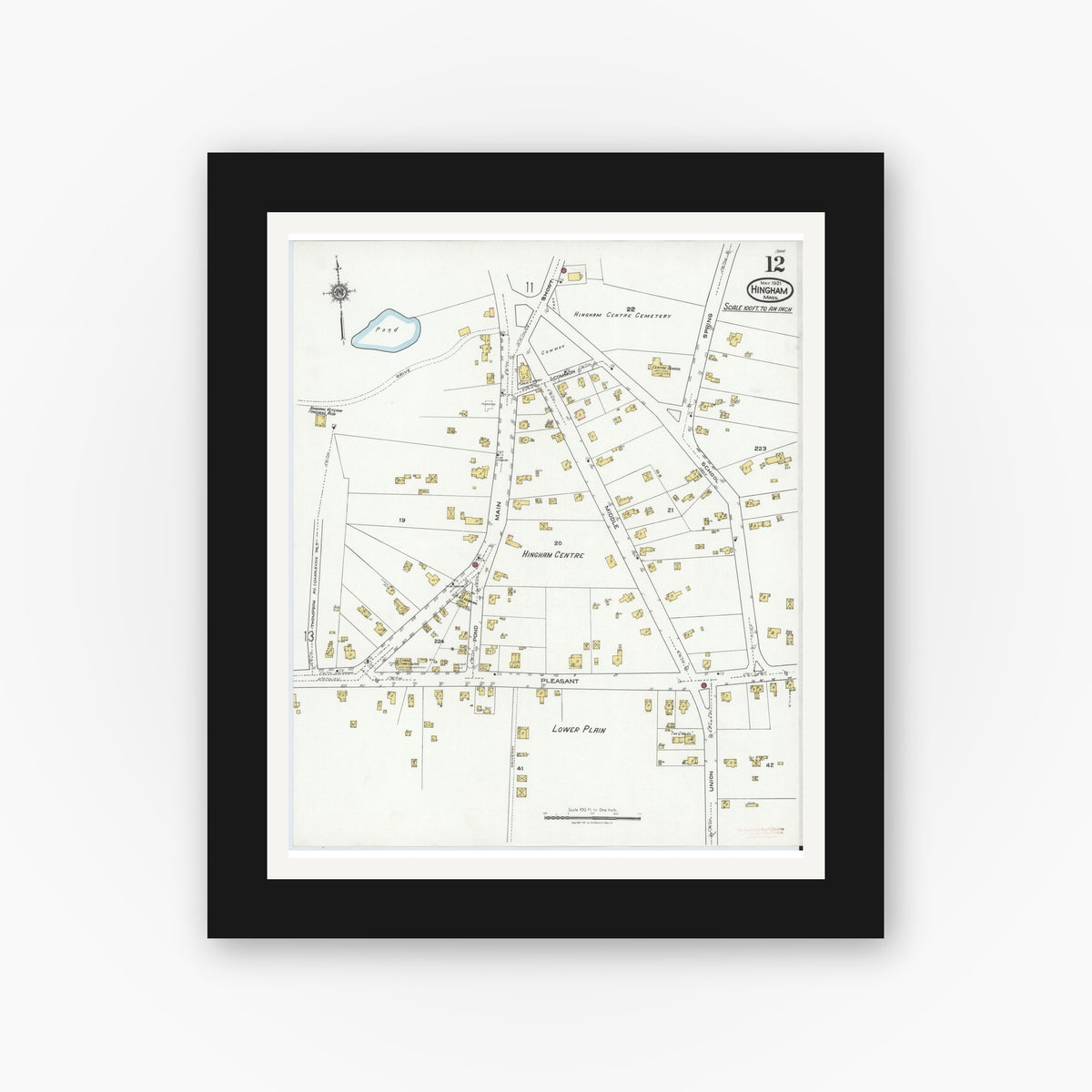 Old map wall art mockup — black gallery frame with white mat — Sanborn Fire Insurance Map from Hingham, Plymouth County, Massachusetts (1921), Sheet #0012