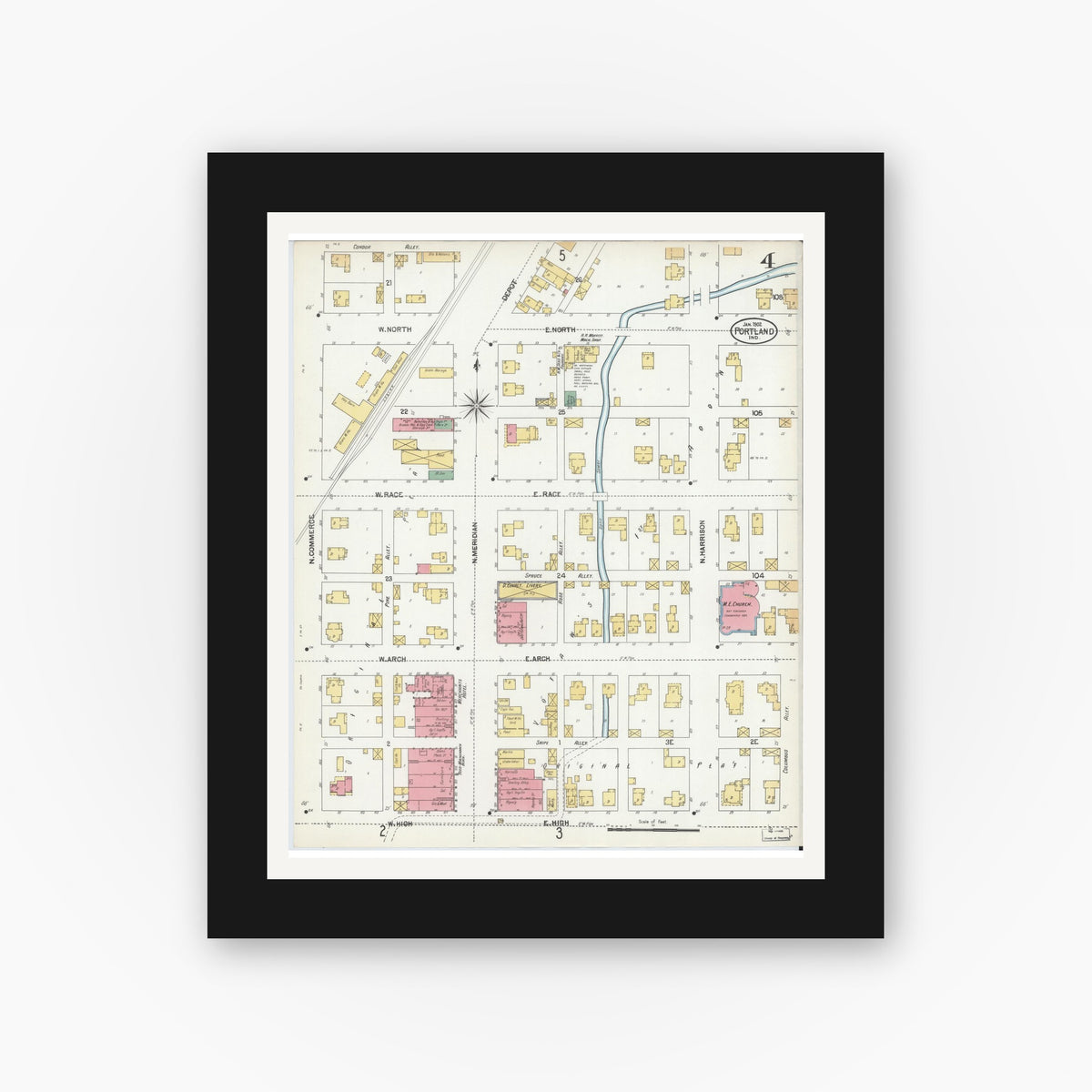Old map wall art mockup — black gallery frame with white mat — Sanborn Fire Insurance Map from Portland, Jay County, Indiana (1902), Sheet #0004