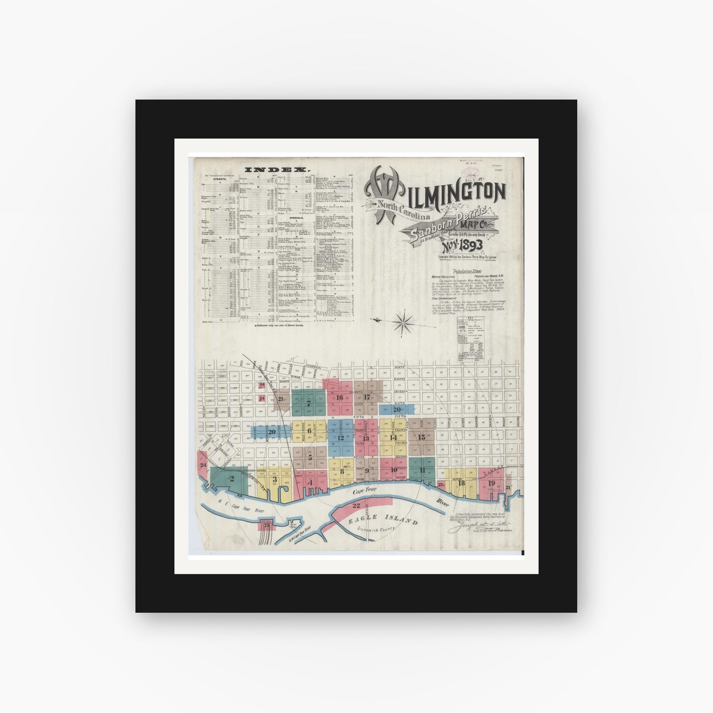 Old map wall art mockup — black gallery frame with white mat — Sanborn Fire Insurance Map from Wilmington, New Hanover County, North Carolina (1893) - Complete Map Set