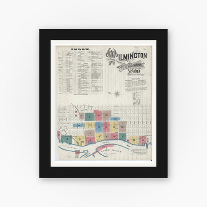 Old map wall art mockup — black gallery frame with white mat — Sanborn Fire Insurance Map from Wilmington, New Hanover County, North Carolina (1893) - Complete Map Set