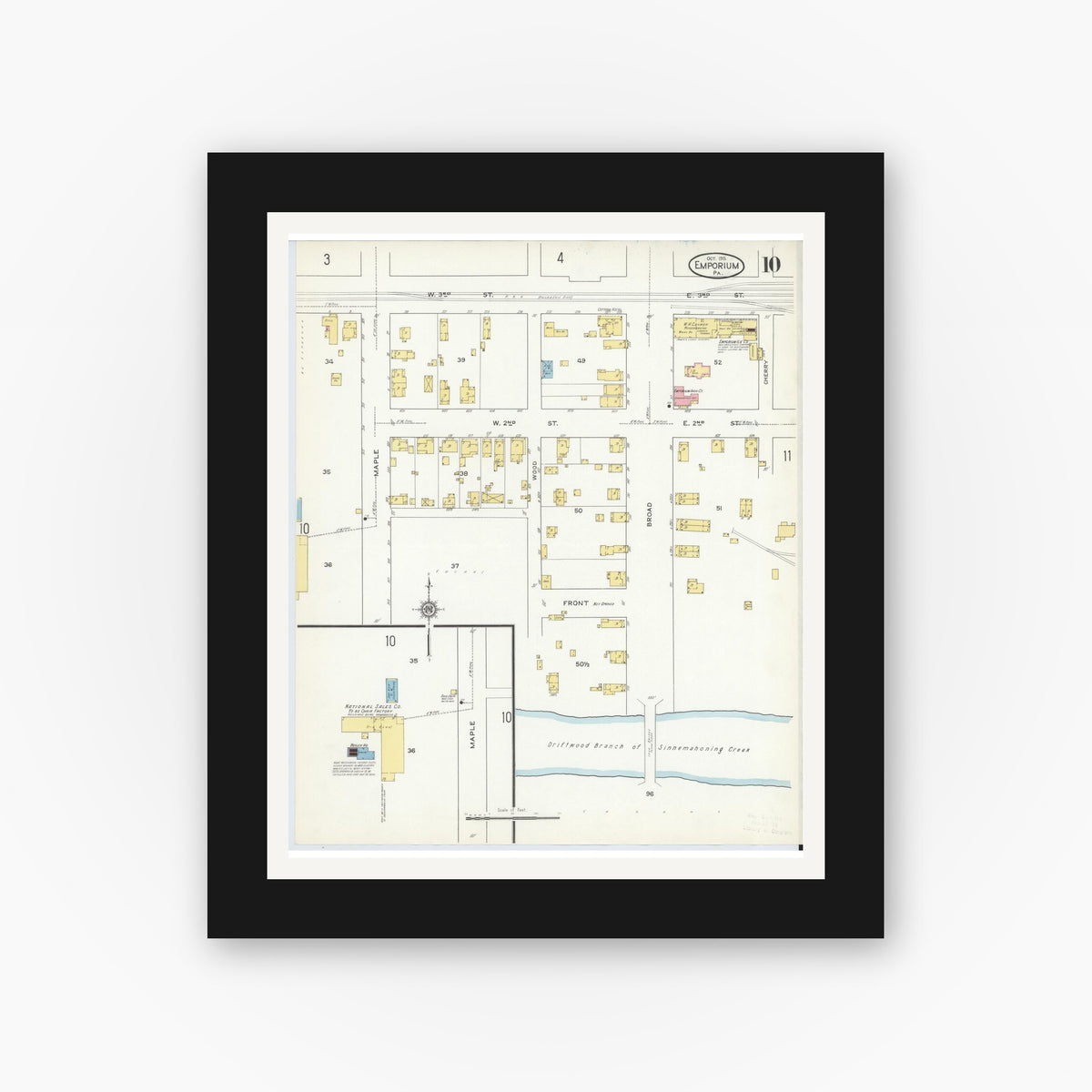 Old map wall art mockup — black gallery frame with white mat — Sanborn Fire Insurance Map from Emporium, Cameron County, Pennsylvania (1915), Sheet #0010