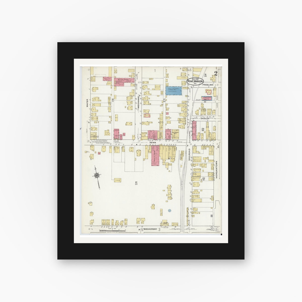 Old map wall art mockup — black gallery frame with white mat — Sanborn Fire Insurance Map from Point Marion, Fayette County, Pennsylvania (1921), Sheet #0002