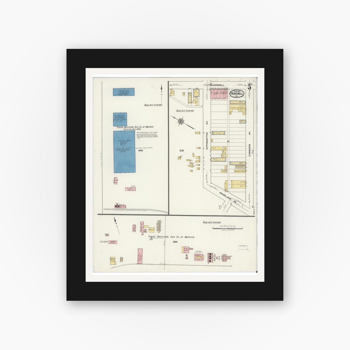 Old map wall art mockup — black gallery frame with white mat — Sanborn Fire Insurance Map from Hopewell, Independent Cities, Virginia (1921), Sheet #0005