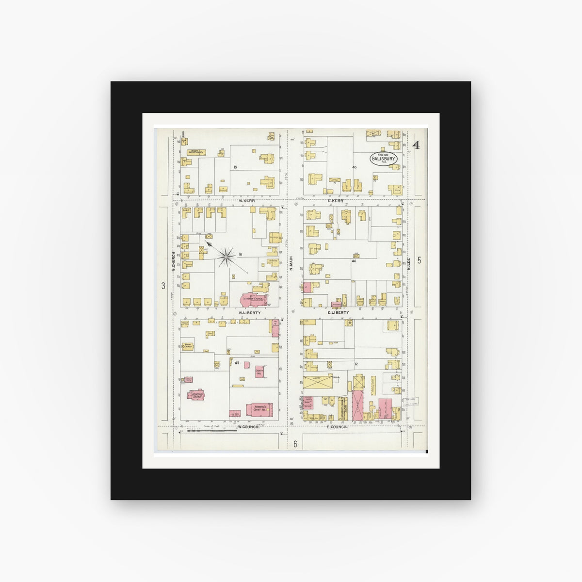 Old map wall art mockup — black gallery frame with white mat — Sanborn Fire Insurance Map from Salisbury, Rowan County, North Carolina (1902), Sheet #0004