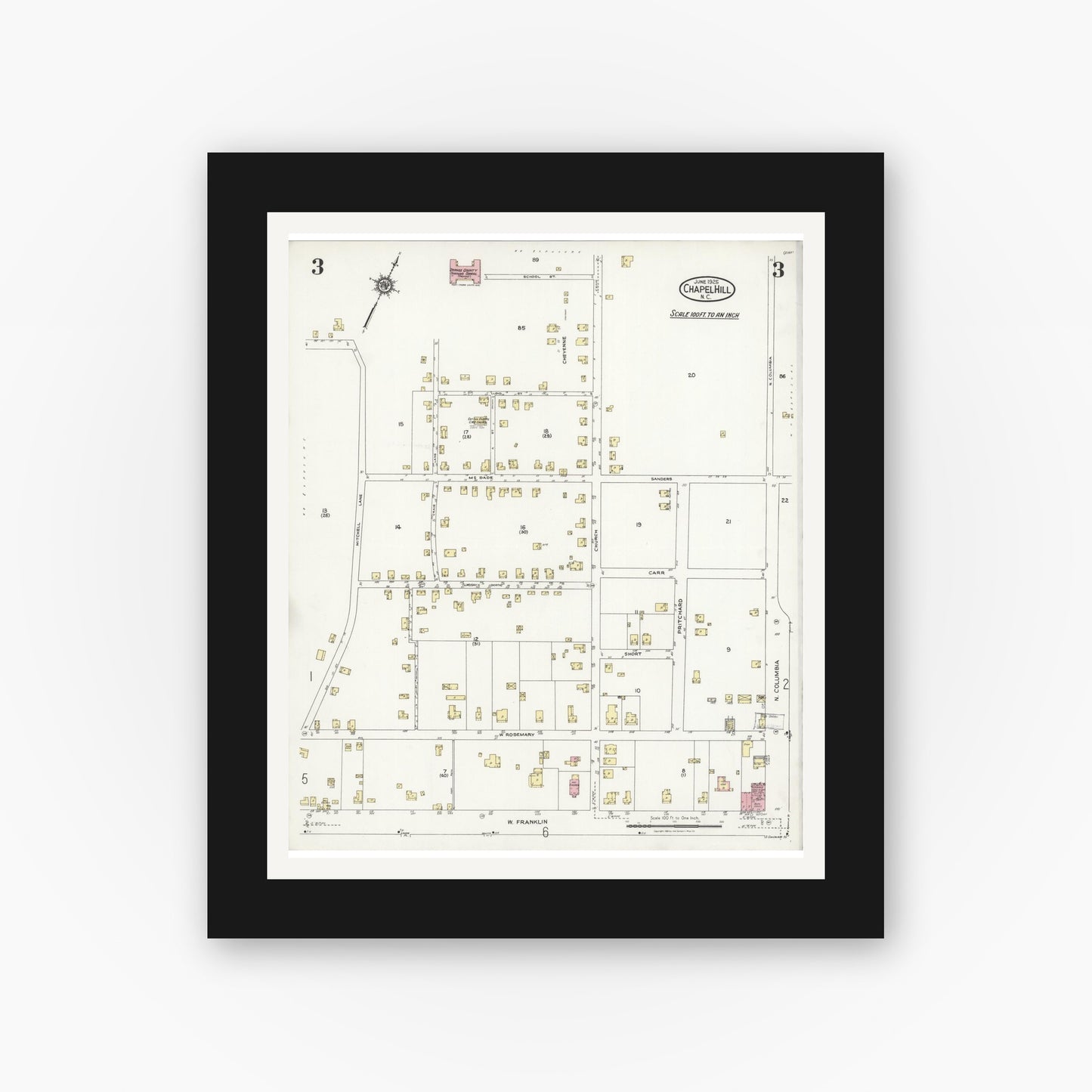 Old map wall art mockup — black gallery frame with white mat — Sanborn Fire Insurance Map from Chapel Hill, Orange County, North Carolina (1925), Sheet #0003