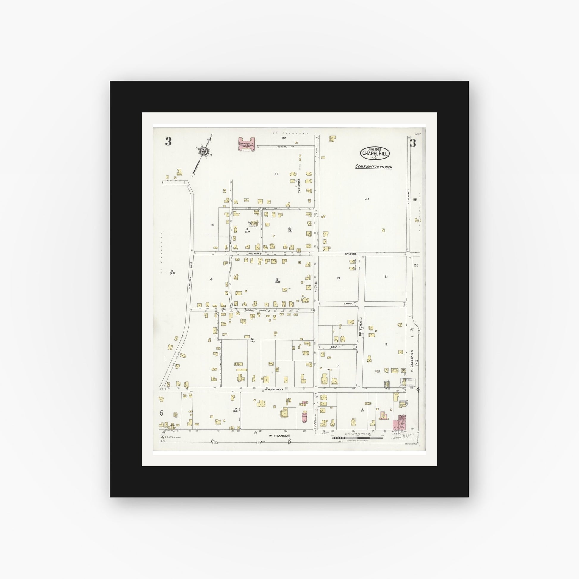 Old map wall art mockup — black gallery frame with white mat — Sanborn Fire Insurance Map from Chapel Hill, Orange County, North Carolina (1925), Sheet #0003