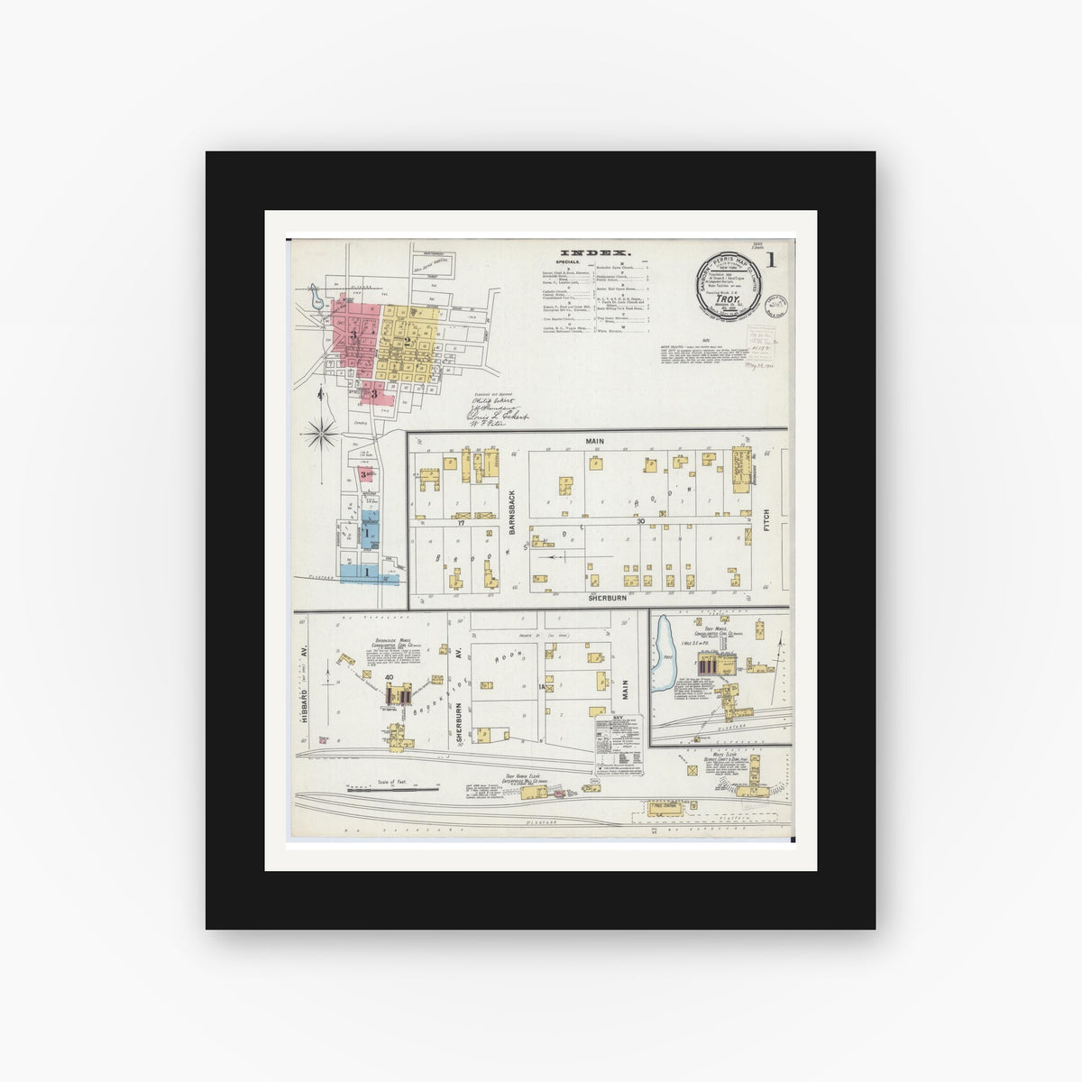 Old map wall art mockup — black gallery frame with white mat — Sanborn Fire Insurance Map from Troy, Madison County, Illinois (1899), Sheet #0001