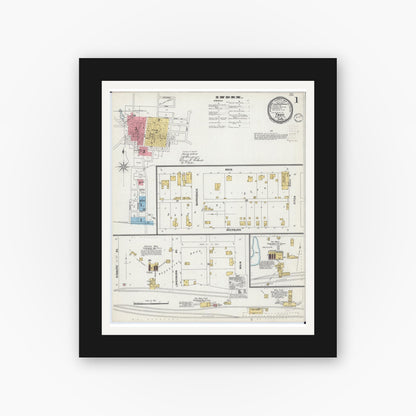 Old map wall art mockup — black gallery frame with white mat — Sanborn Fire Insurance Map from Troy, Madison County, Illinois (1899), Sheet #0001