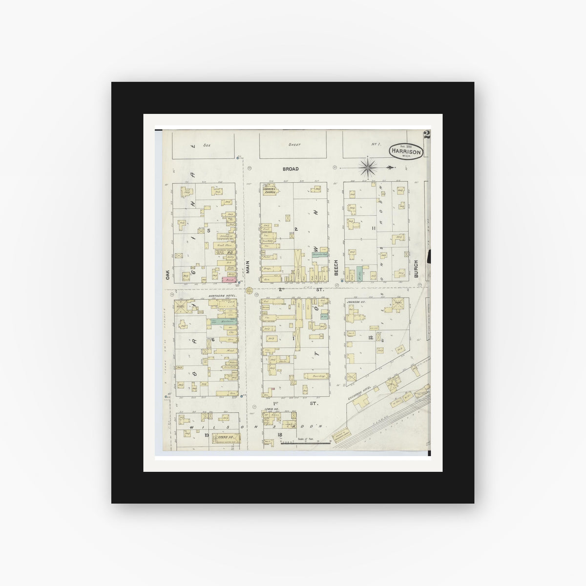Old map wall art mockup — black gallery frame with white mat — Sanborn Fire Insurance Map from Harrison, Clare County, Michigan (1890), Sheet #0002