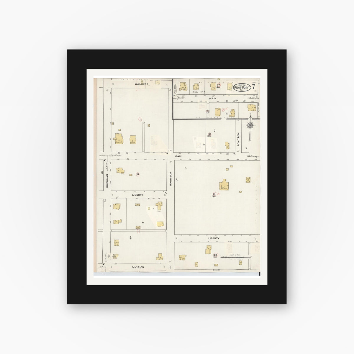 Old map wall art mockup — black gallery frame with white mat — Sanborn Fire Insurance Map from Pilot Point, Denton County, Texas (1940), Sheet #0007