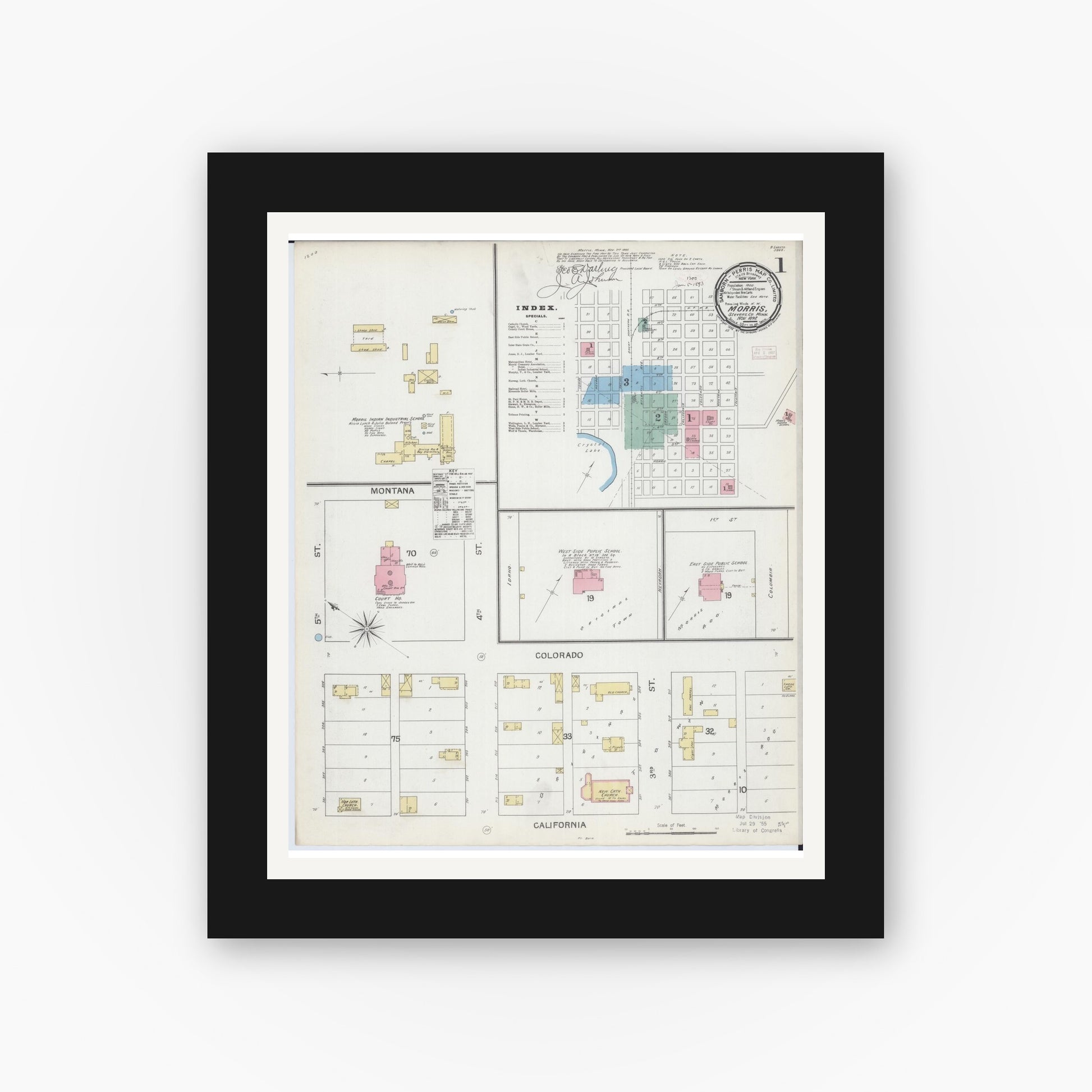Old map wall art mockup — black gallery frame with white mat — Sanborn Fire Insurance Map from Morris, Stevens County, Minnesota (1892), Sheet #0001