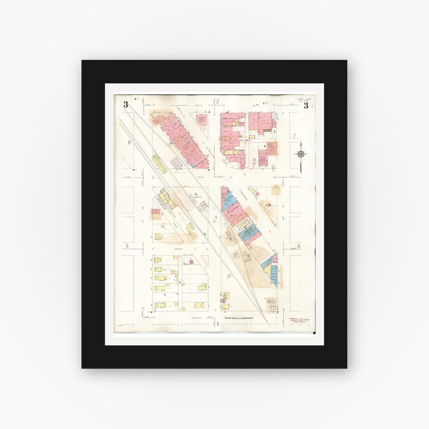 Old map wall art mockup — black gallery frame with white mat — Sanborn Fire Insurance Map from Perry, Dallas County, Iowa (1947), Sheet #0003