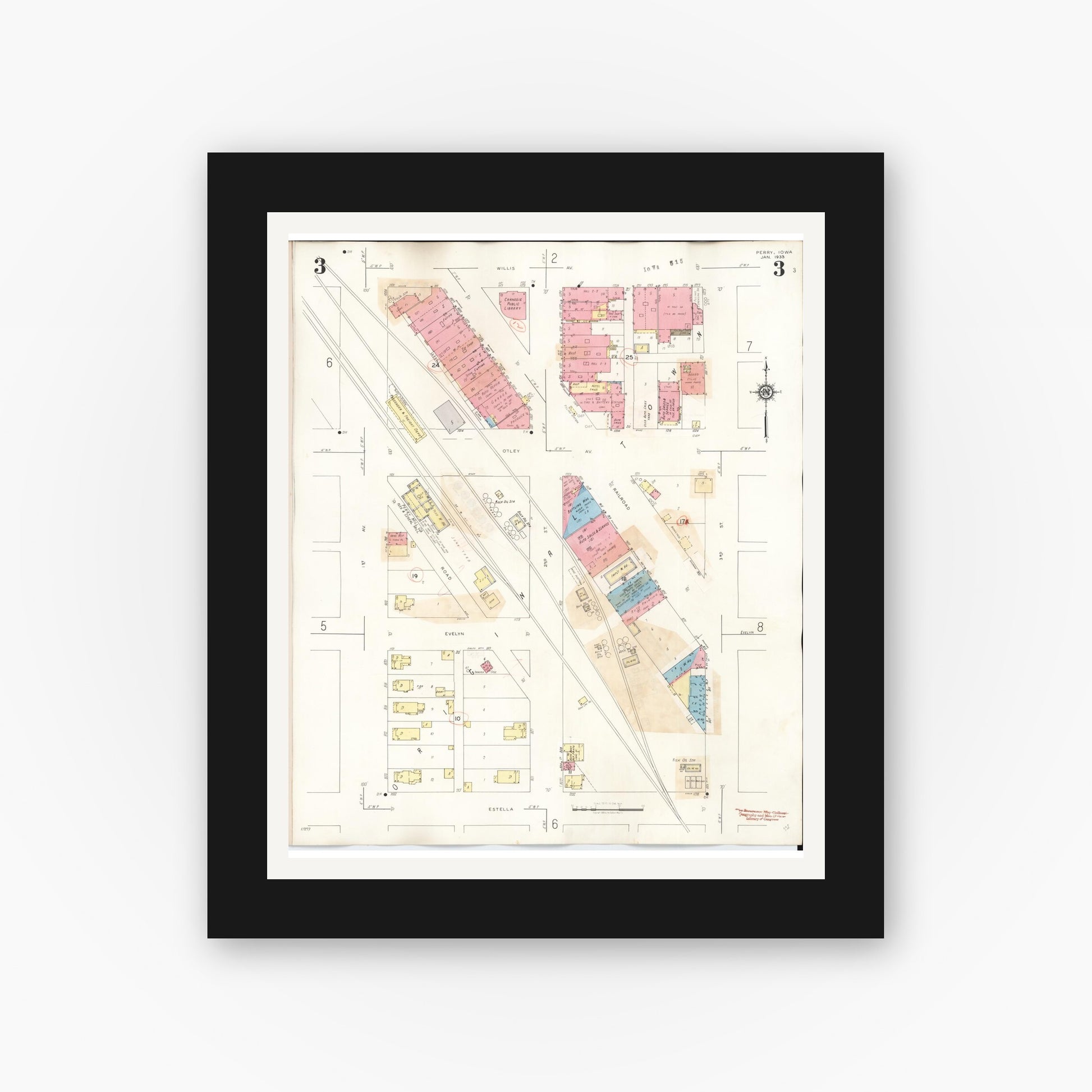 Old map wall art mockup — black gallery frame with white mat — Sanborn Fire Insurance Map from Perry, Dallas County, Iowa (1947), Sheet #0003