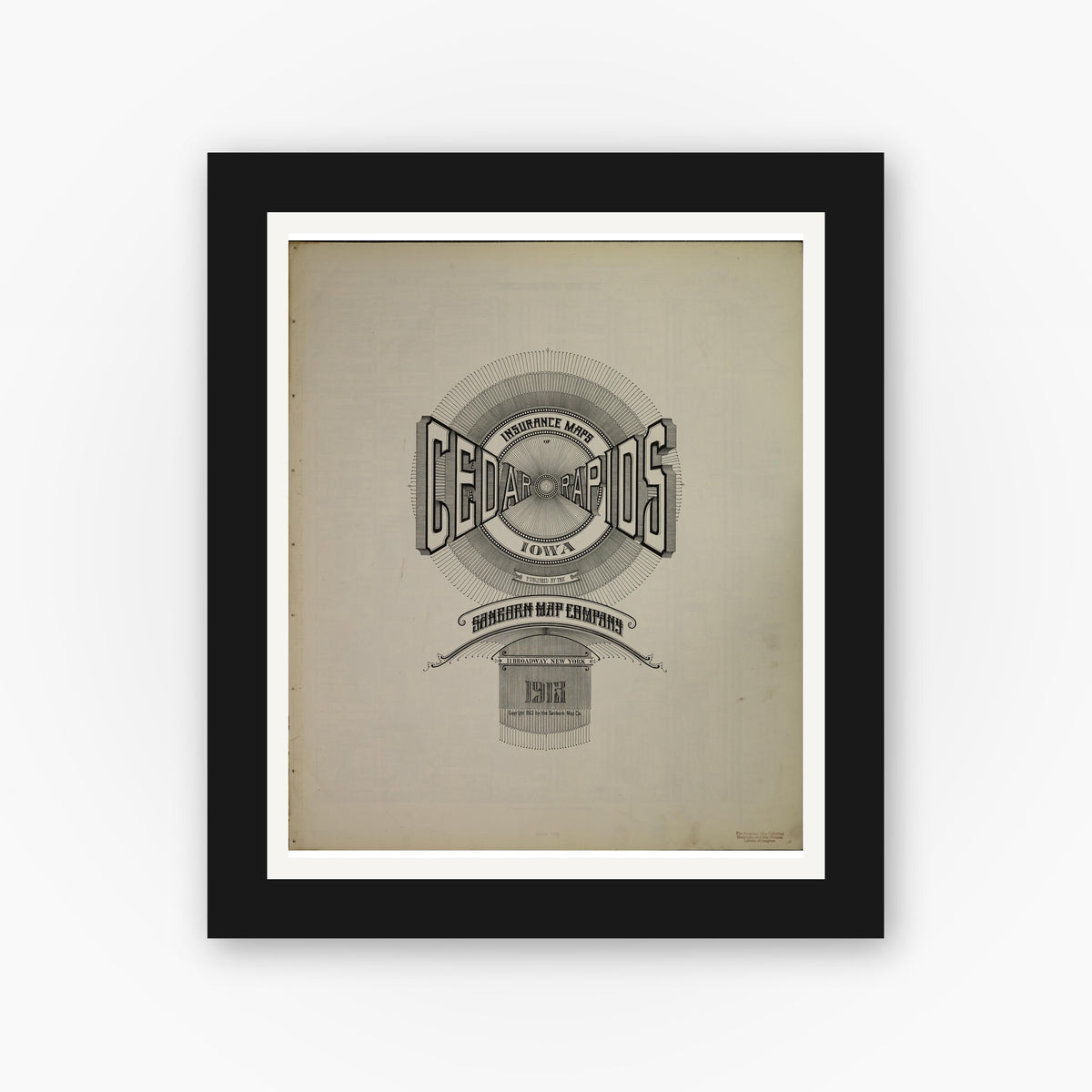 Old map wall art mockup — black gallery frame with white mat — Sanborn Fire Insurance Map from Cedar Rapids, Linn County, Iowa (1913), Sheet #0001