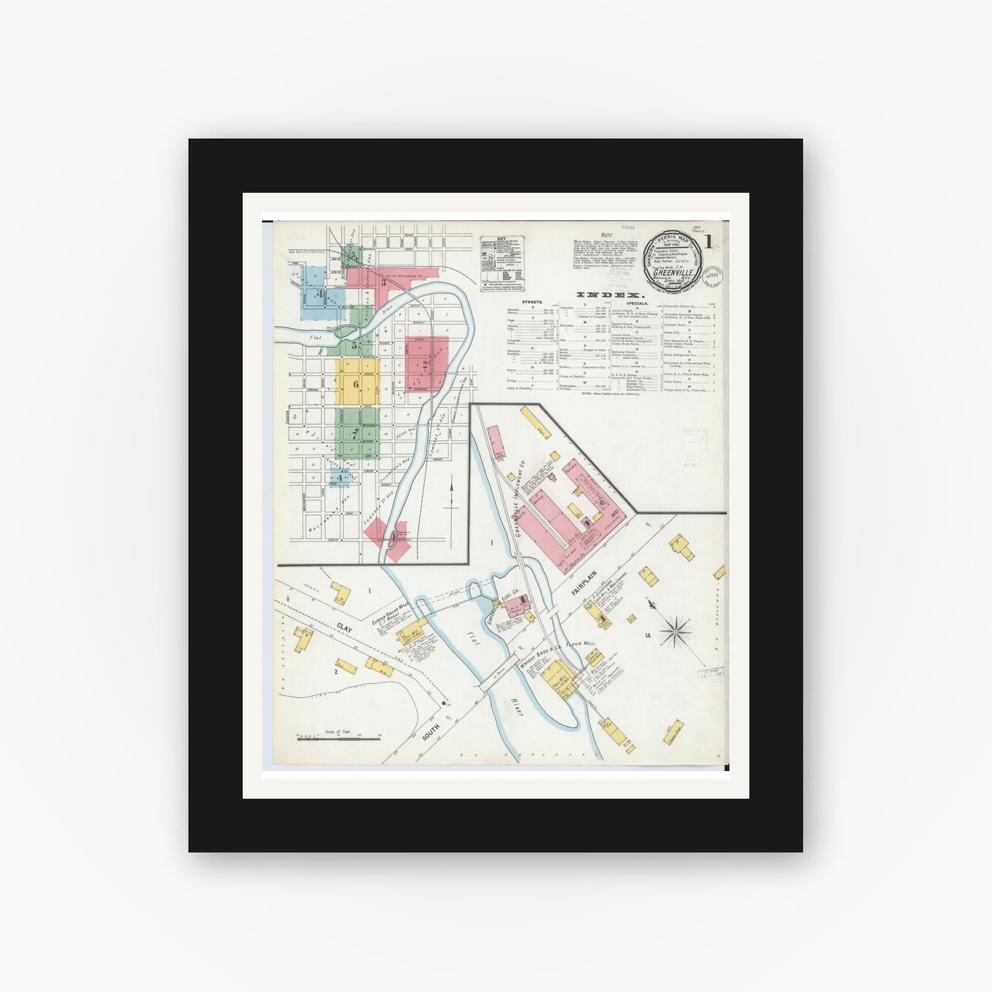 Old map wall art mockup — black gallery frame with white mat — Sanborn Fire Insurance Map from Greenville, Montcalm County, Michigan (1900) - Complete Map Set