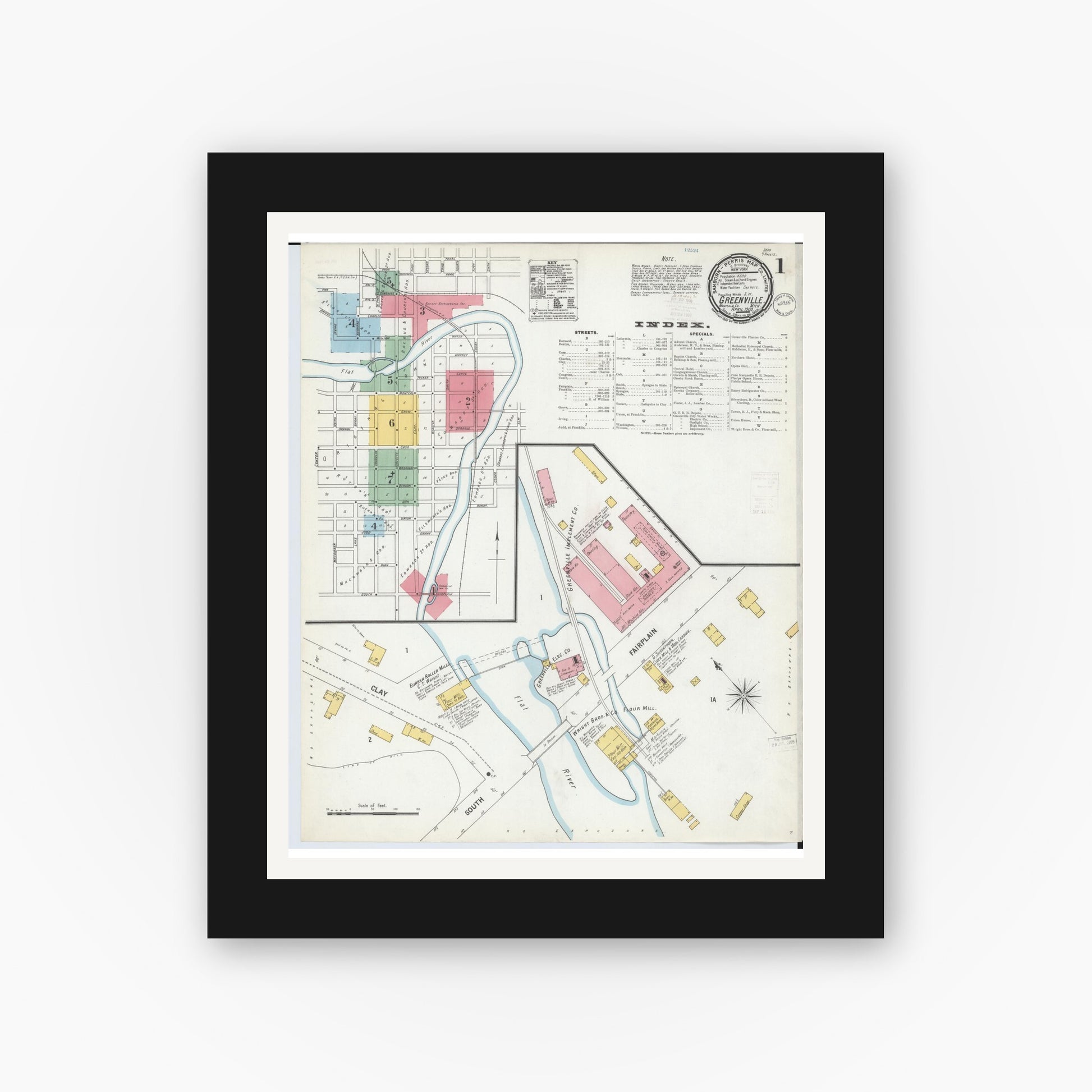Old map wall art mockup — black gallery frame with white mat — Sanborn Fire Insurance Map from Greenville, Montcalm County, Michigan (1900) - Complete Map Set