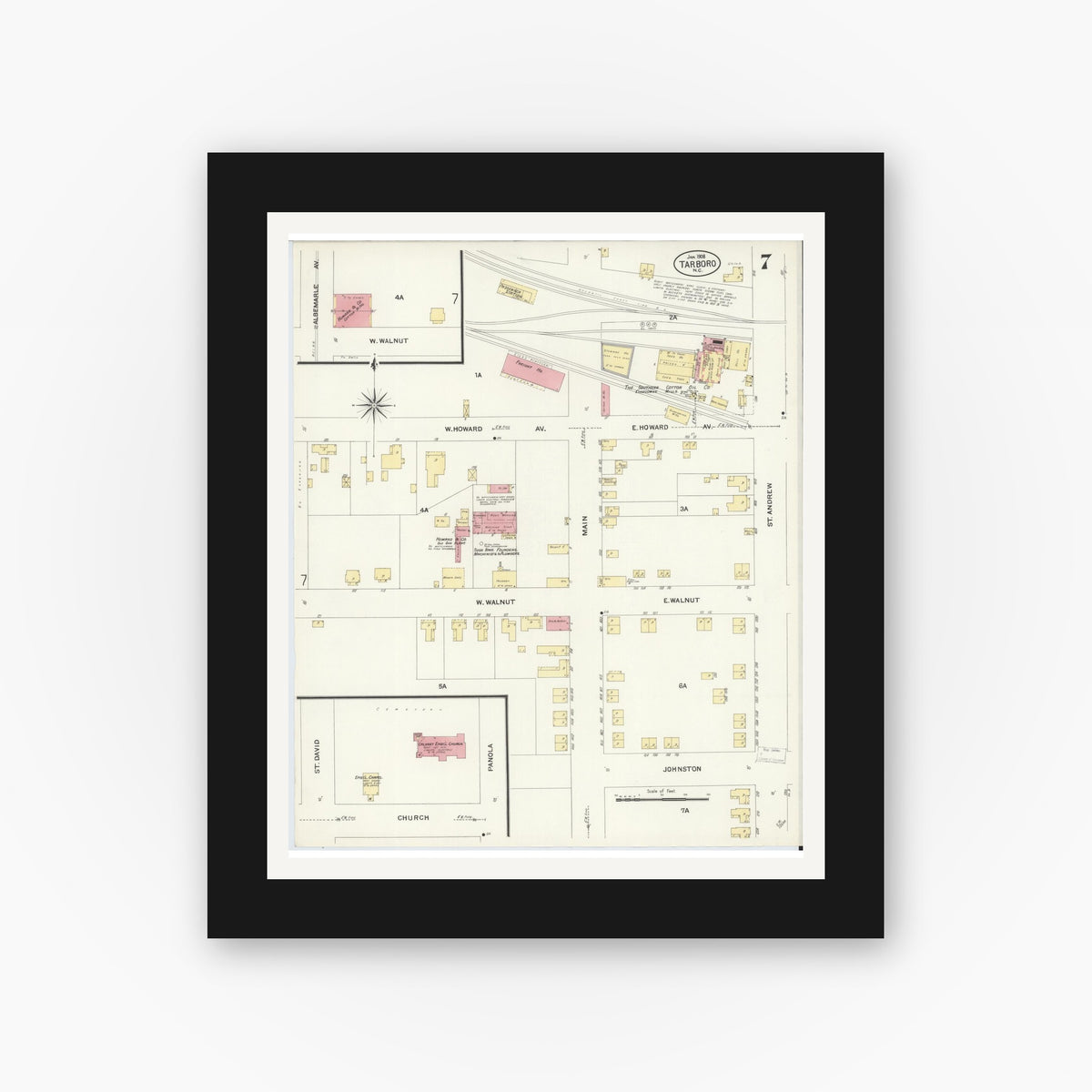 Old map wall art mockup — black gallery frame with white mat — Sanborn Fire Insurance Map from Tarboro, Edgecombe County, North Carolina (1908), Sheet #0007