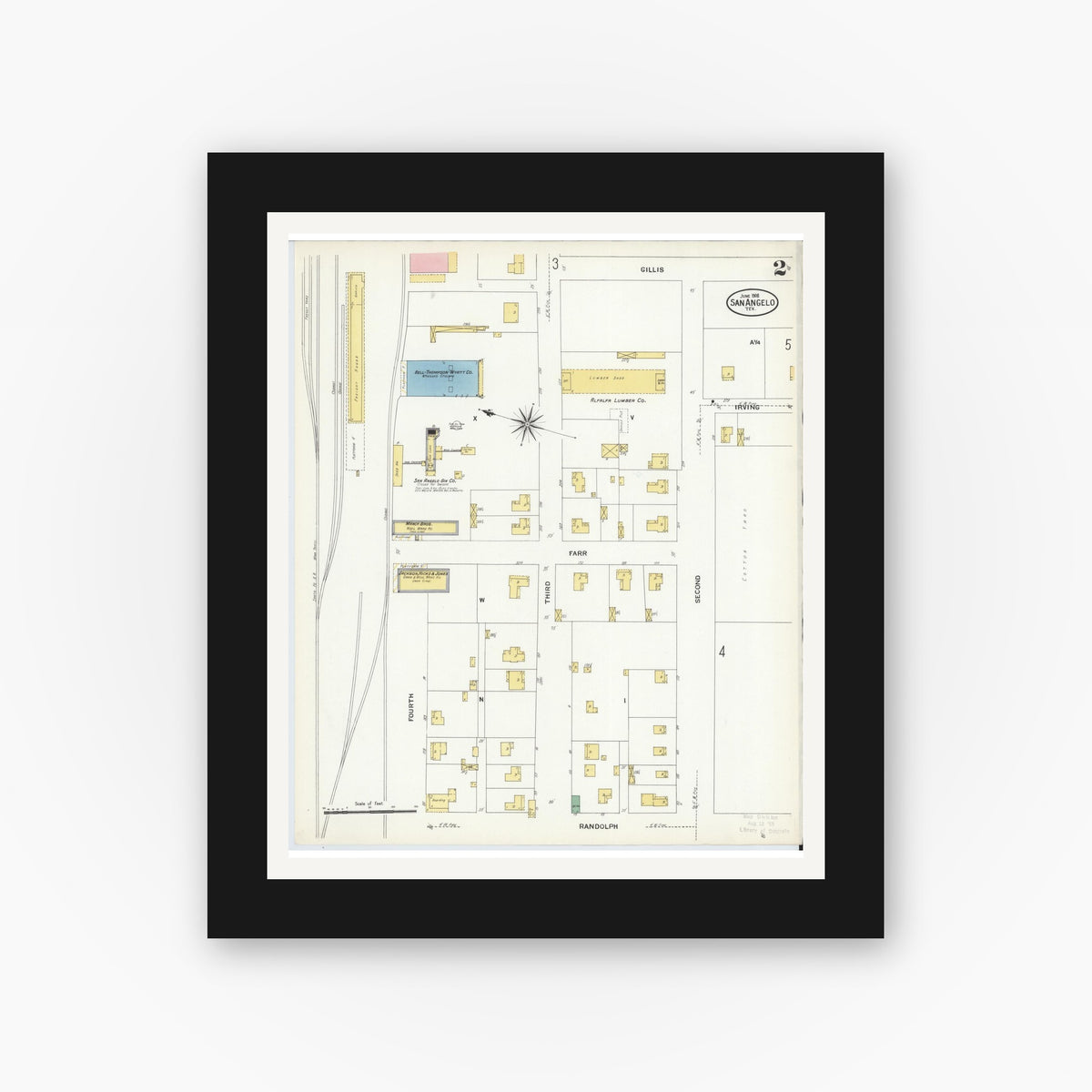 Old map wall art mockup — black gallery frame with white mat — Sanborn Fire Insurance Map from San Angelo, Tom Green County, Texas (1908), Sheet #0002