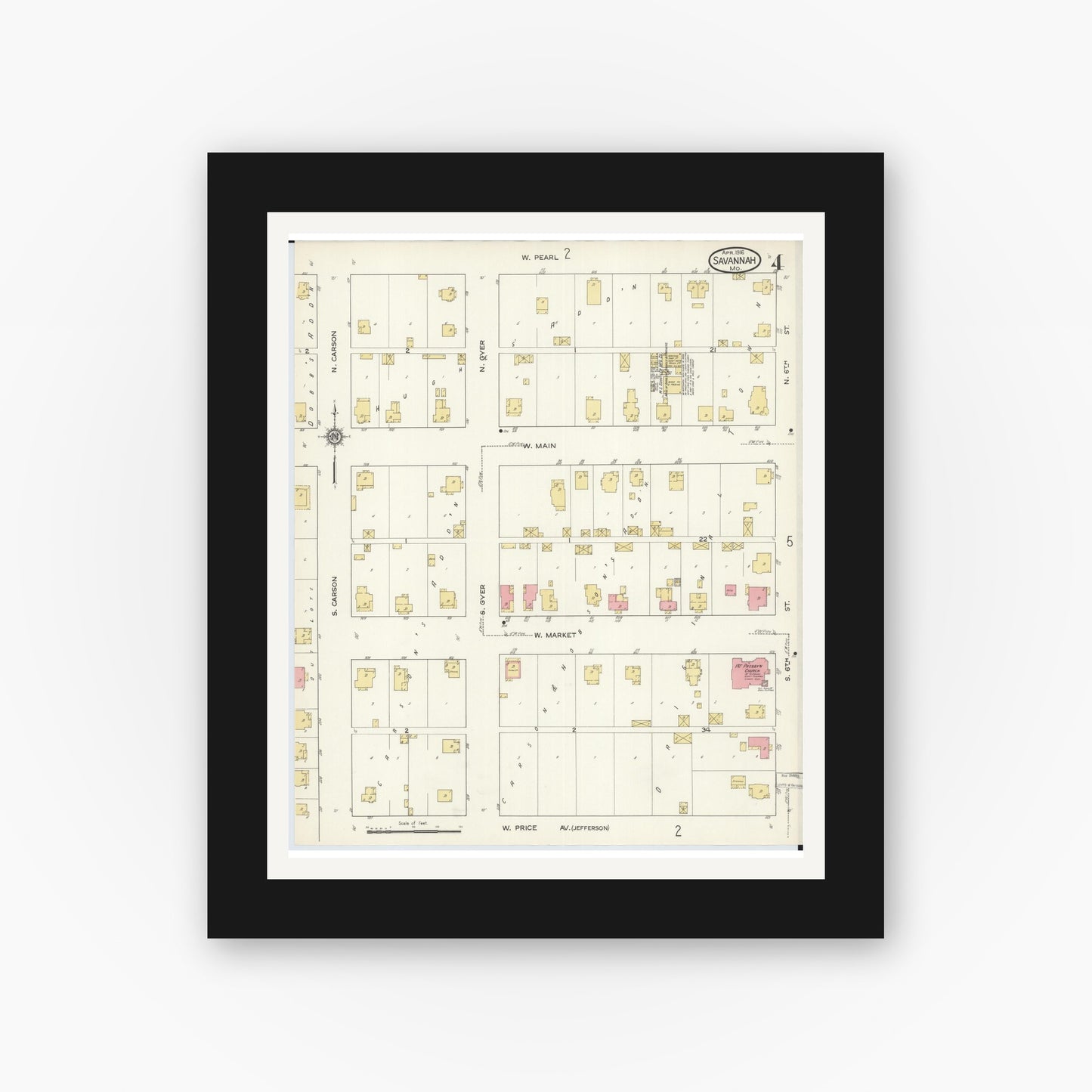 Old map wall art mockup — black gallery frame with white mat — Sanborn Fire Insurance Map from Savannah, Andrew County, Missouri (1916), Sheet #0004