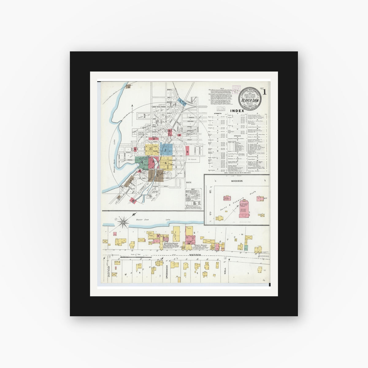 Old map wall art mockup — black gallery frame with white mat — Sanborn Fire Insurance Map from Beaver Dam, Dodge County, Wisconsin (1904) - Complete Map Set