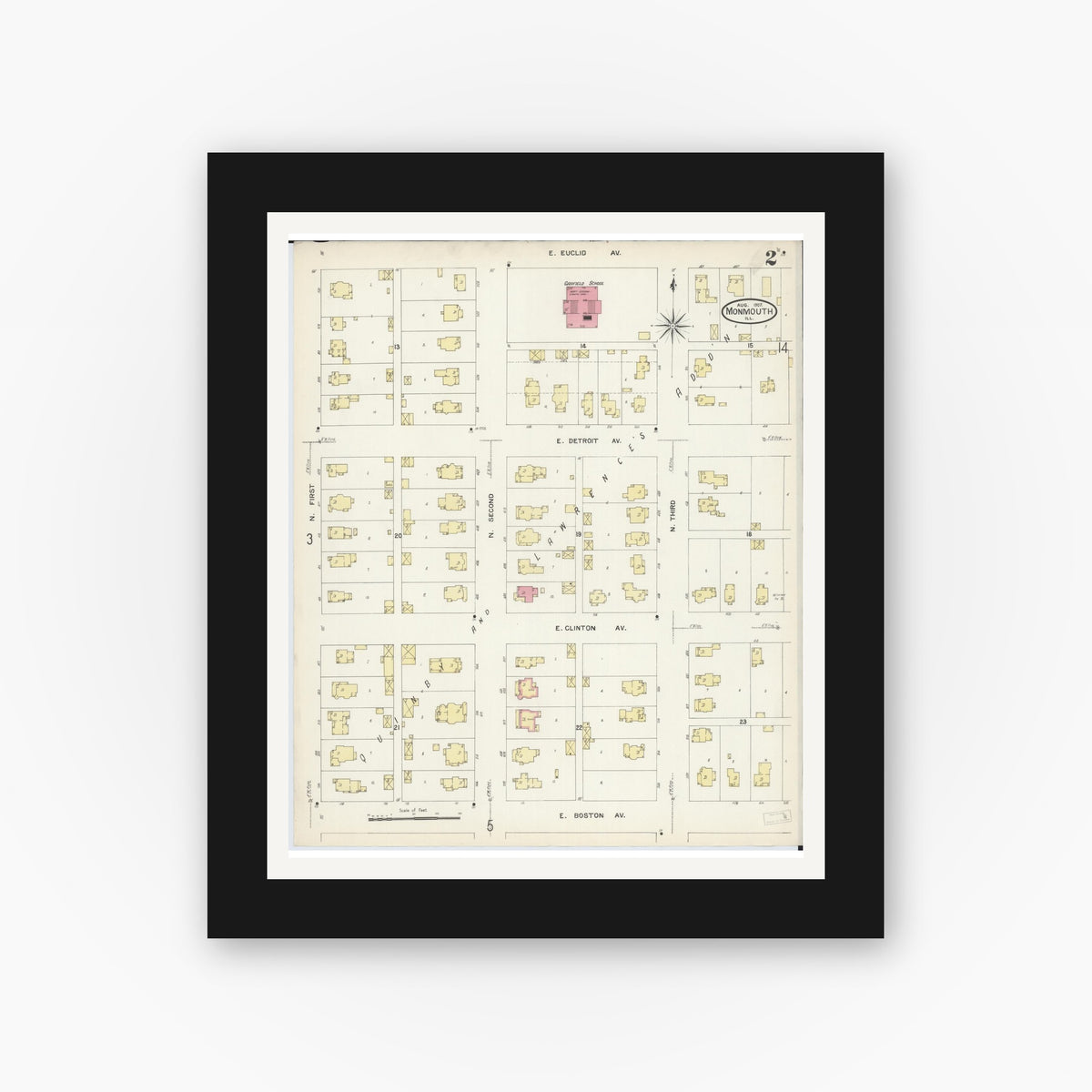 Old map wall art mockup — black gallery frame with white mat — Sanborn Fire Insurance Map from Monmouth, Warren County, Illinois (1907), Sheet #0002