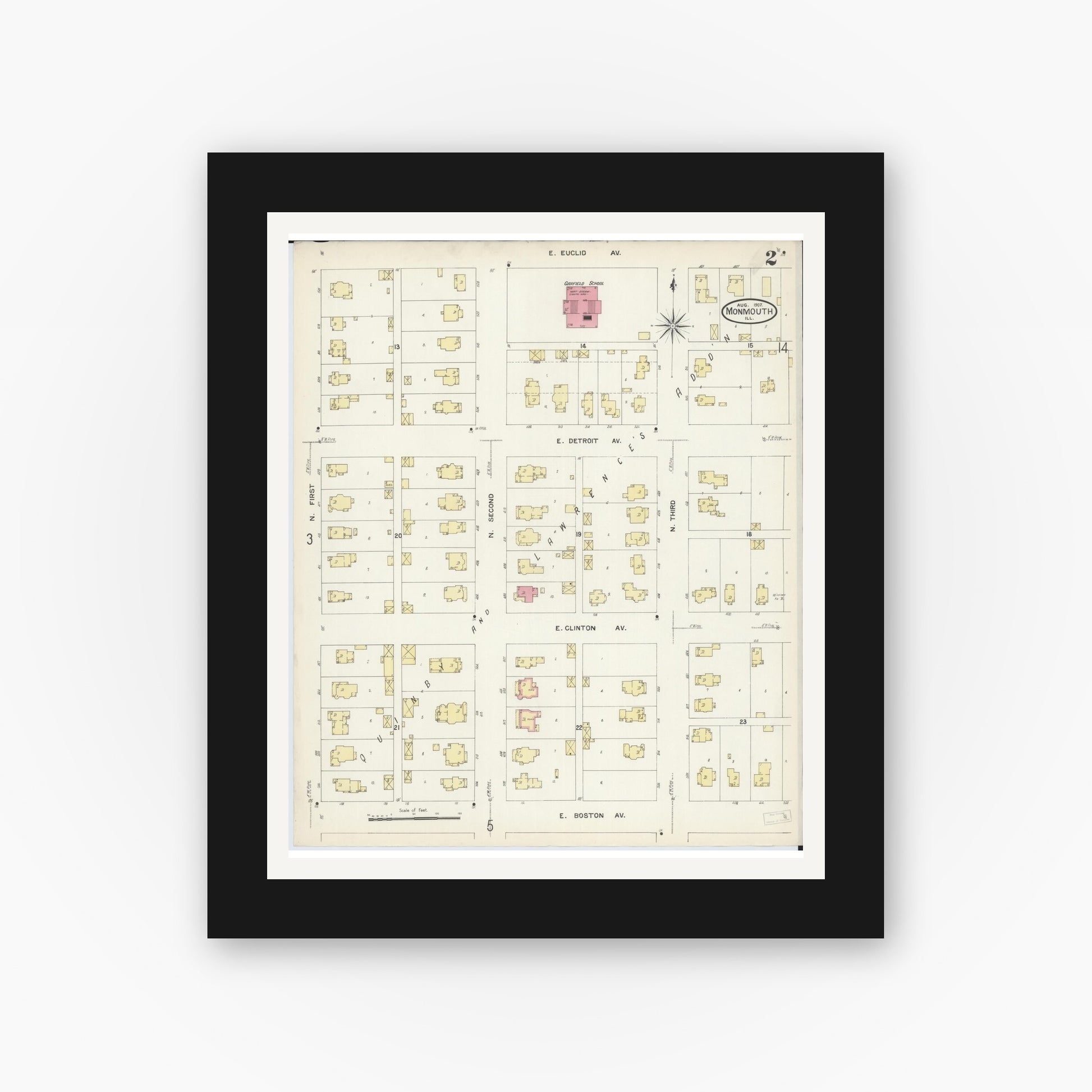 Old map wall art mockup — black gallery frame with white mat — Sanborn Fire Insurance Map from Monmouth, Warren County, Illinois (1907), Sheet #0002
