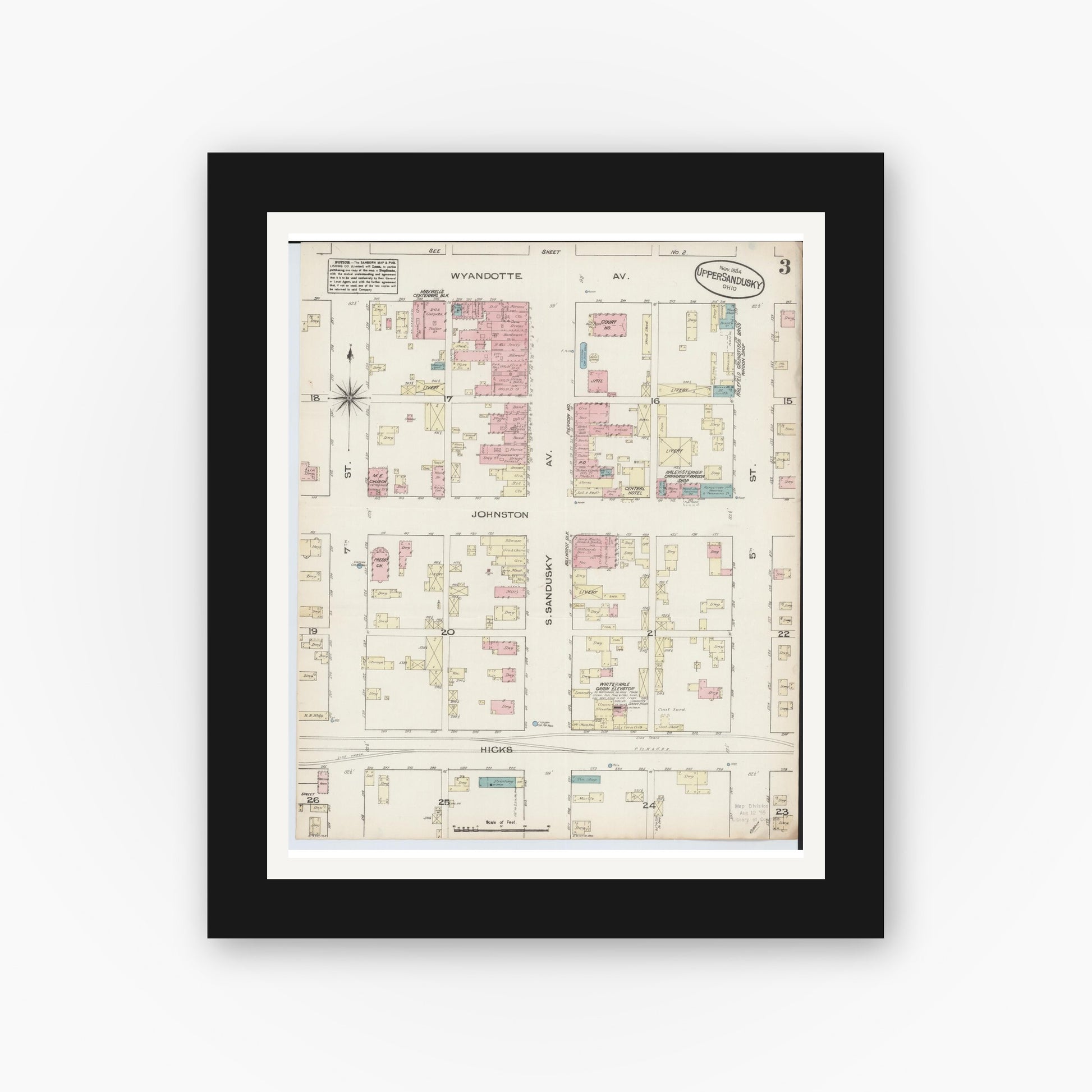 Old map wall art mockup — black gallery frame with white mat — Sanborn Fire Insurance Map from Upper Sandusky, Wyandot County, Ohio (1884), Sheet #0003