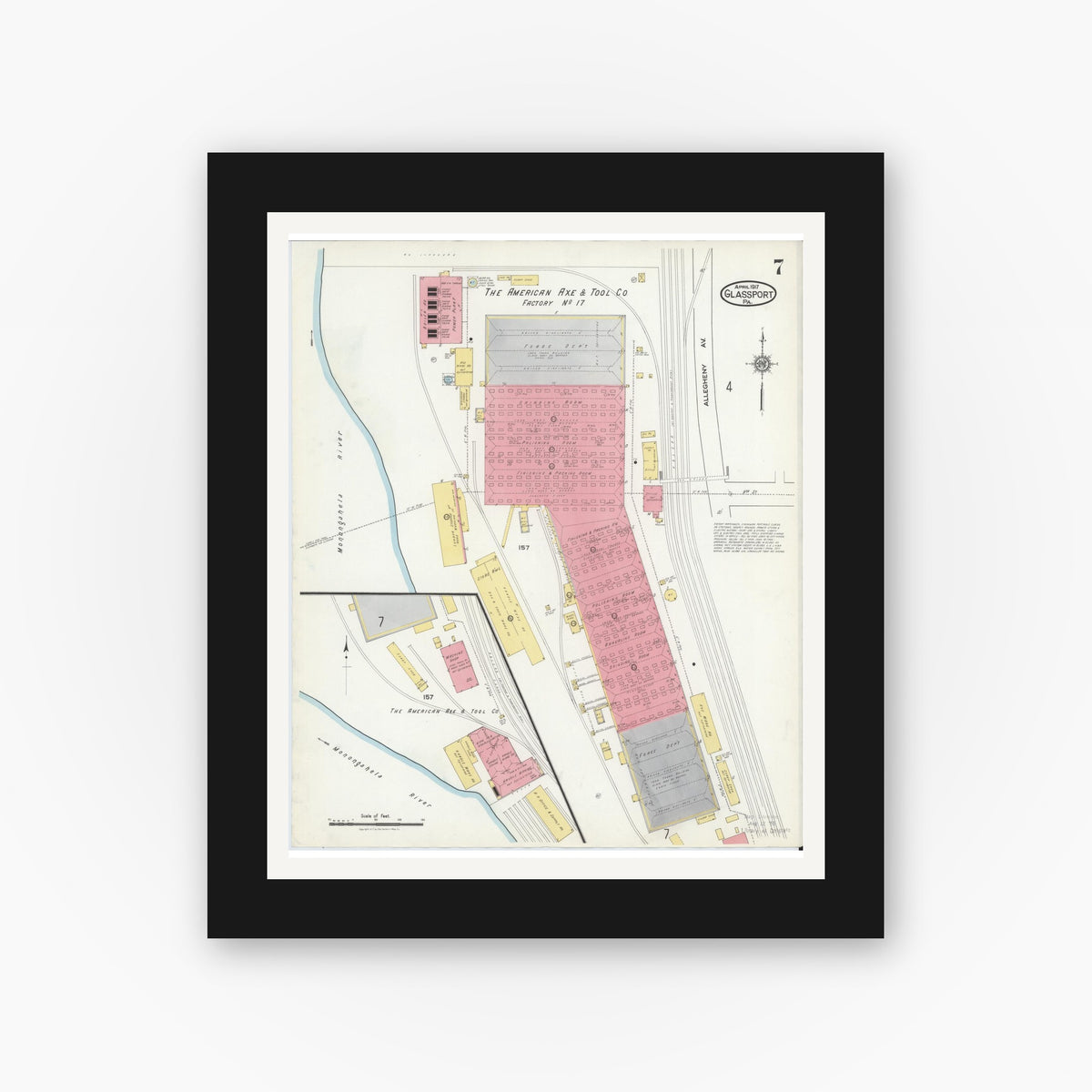 Old map wall art mockup — black gallery frame with white mat — Sanborn Fire Insurance Map from Glassport, Allegheny County, Pennsylvania (1917), Sheet #0007