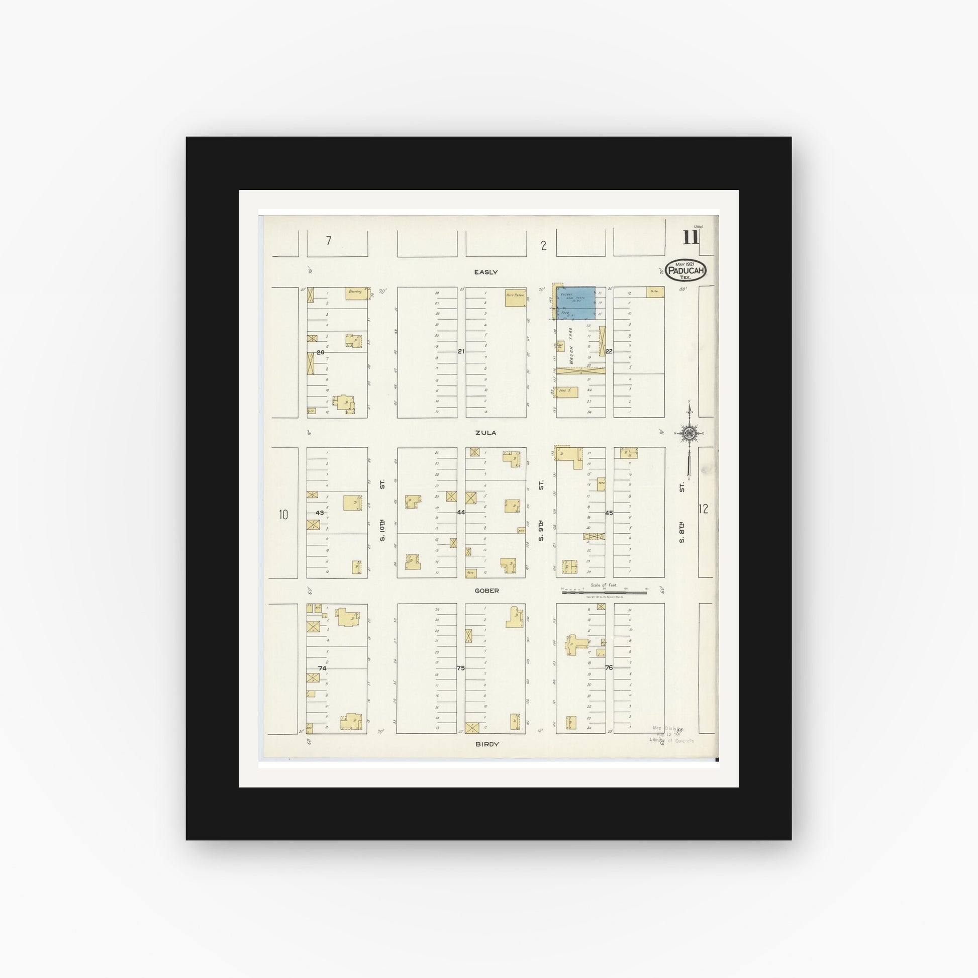 Old map wall art mockup — black gallery frame with white mat — Sanborn Fire Insurance Map from Paducah, Cottle County, Texas (1921), Sheet #0011