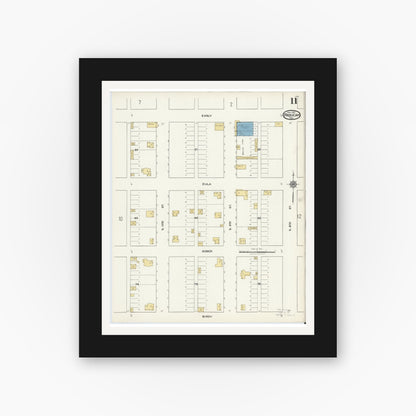 Old map wall art mockup — black gallery frame with white mat — Sanborn Fire Insurance Map from Paducah, Cottle County, Texas (1921), Sheet #0011